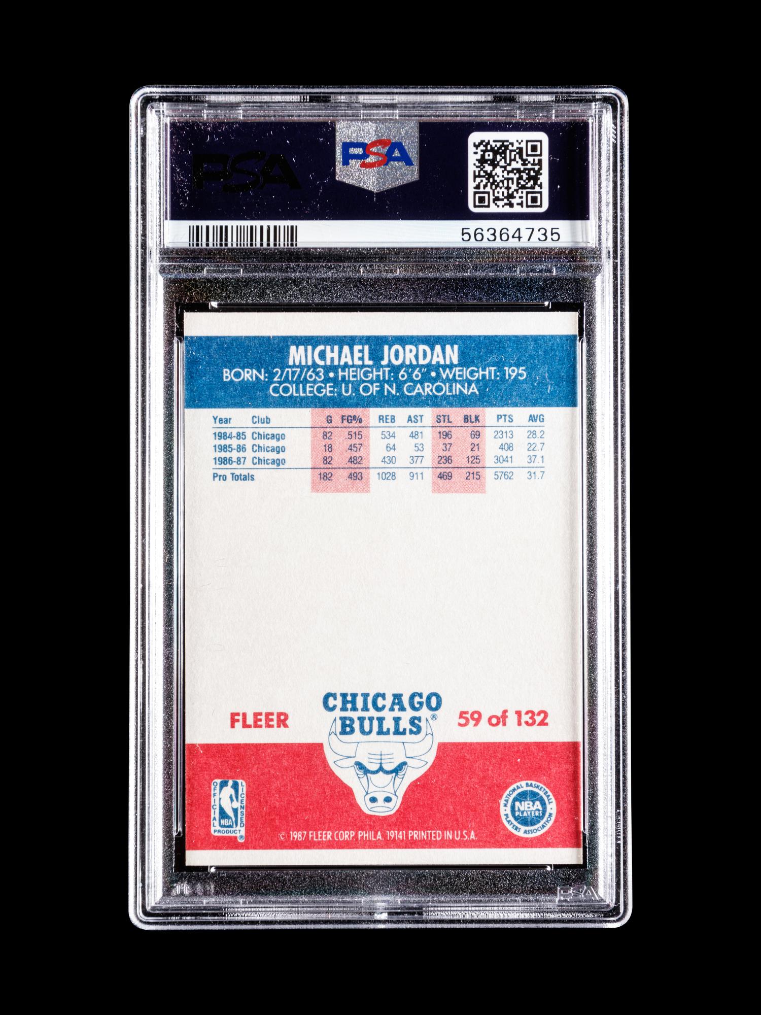 A 1987 Fleer Michael Jordan Basketball Card No. 59, PSA 8 NM-MT