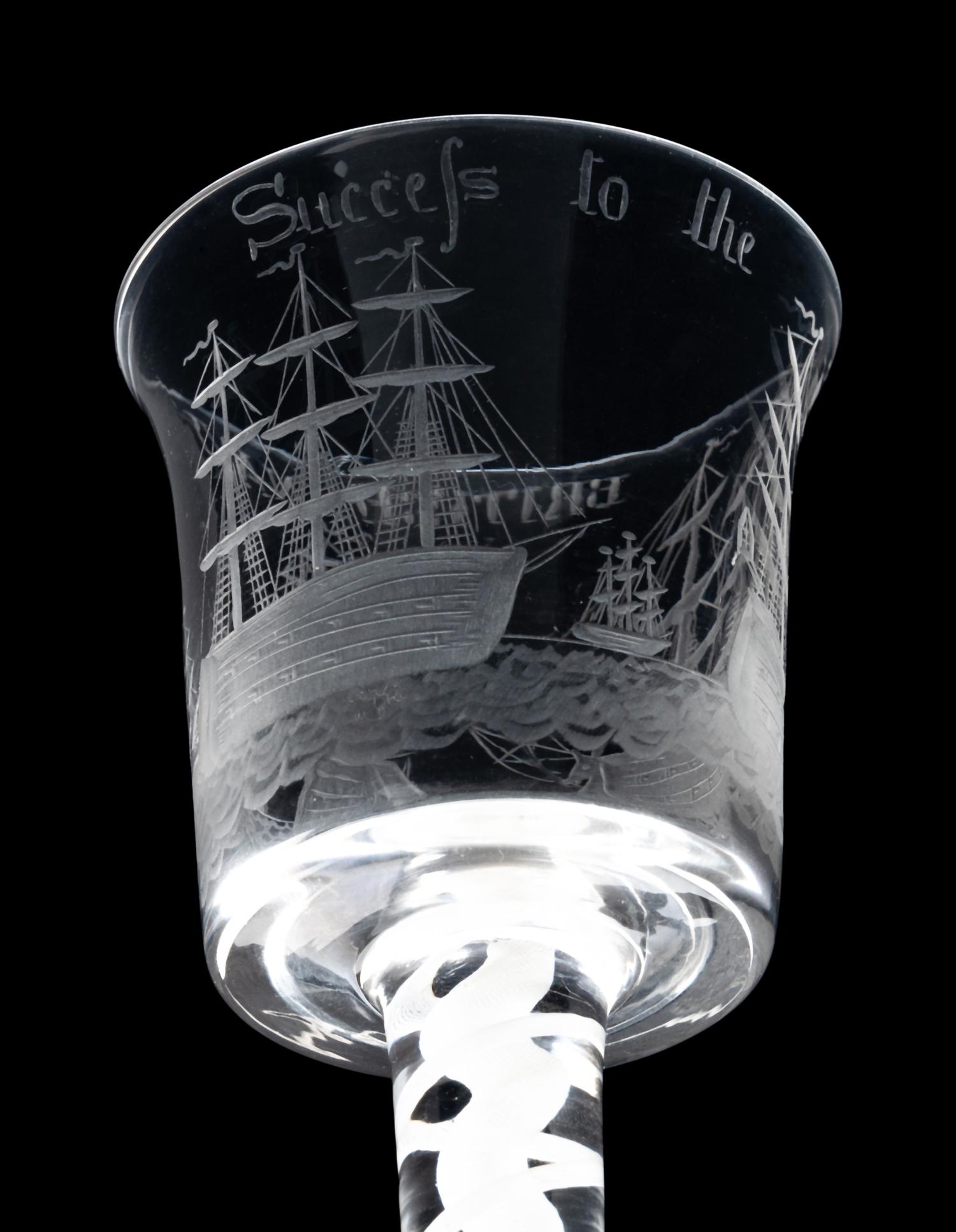 An Opaque Twist Engraved Wine Glass of British Naval Interest