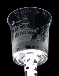 An Opaque Twist Engraved Wine Glass of British Naval Interest