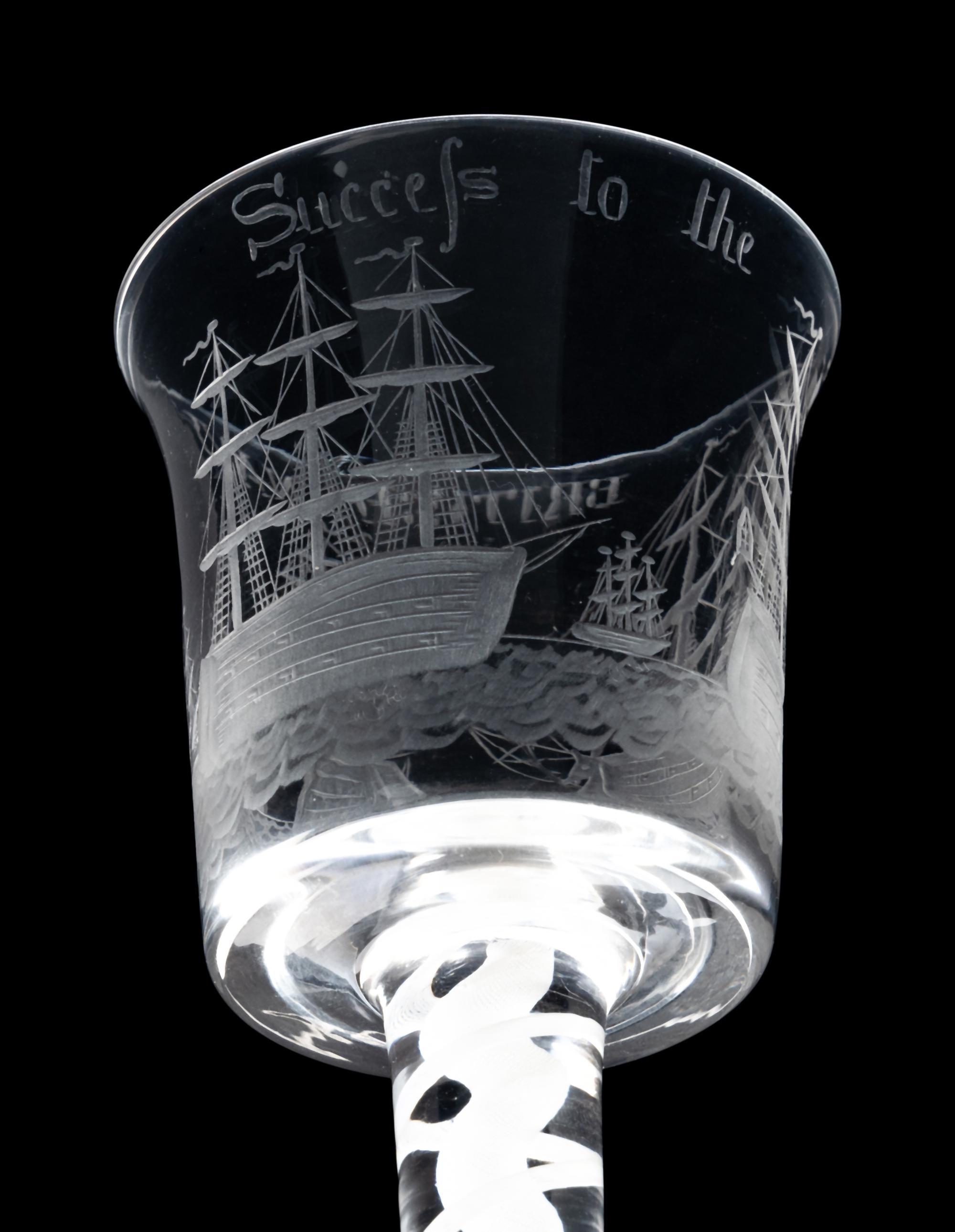 An Opaque Twist Engraved Wine Glass of British Naval Interest