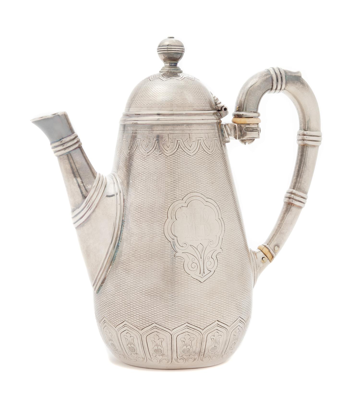 A French Silver-Plate Chocolate Pot, Christofle, Paris, Early 20th Century, the reeded knopped finial above the domed lid and body with