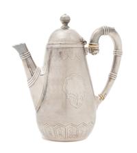 A French Silver-Plate Chocolate Pot, Christofle, Paris, Early 20th Century, the reeded knopped finial above the domed lid and body with