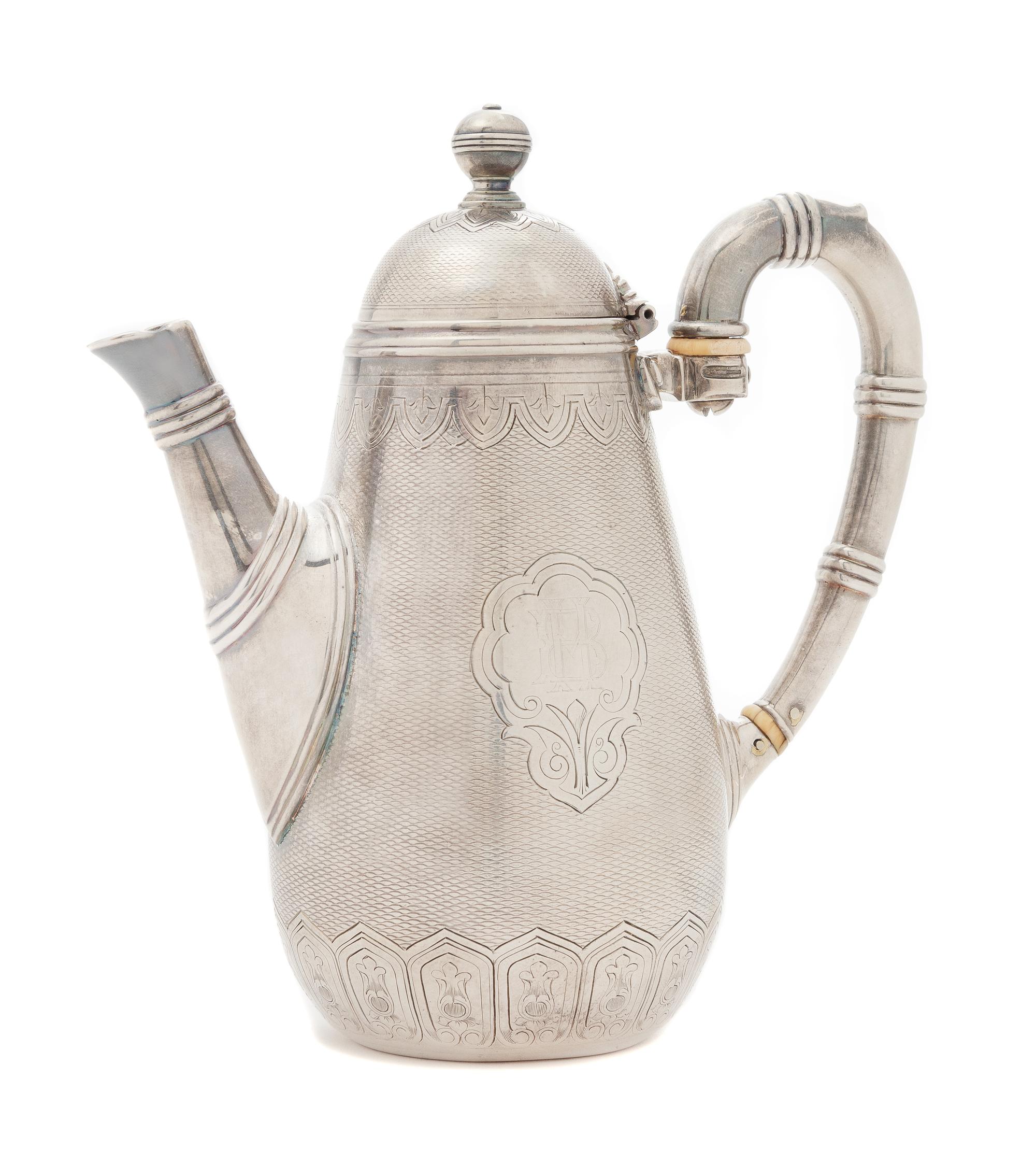 A French Silver-Plate Chocolate Pot, Christofle, Paris, Early 20th Century, the reeded knopped finial above the domed lid and body with