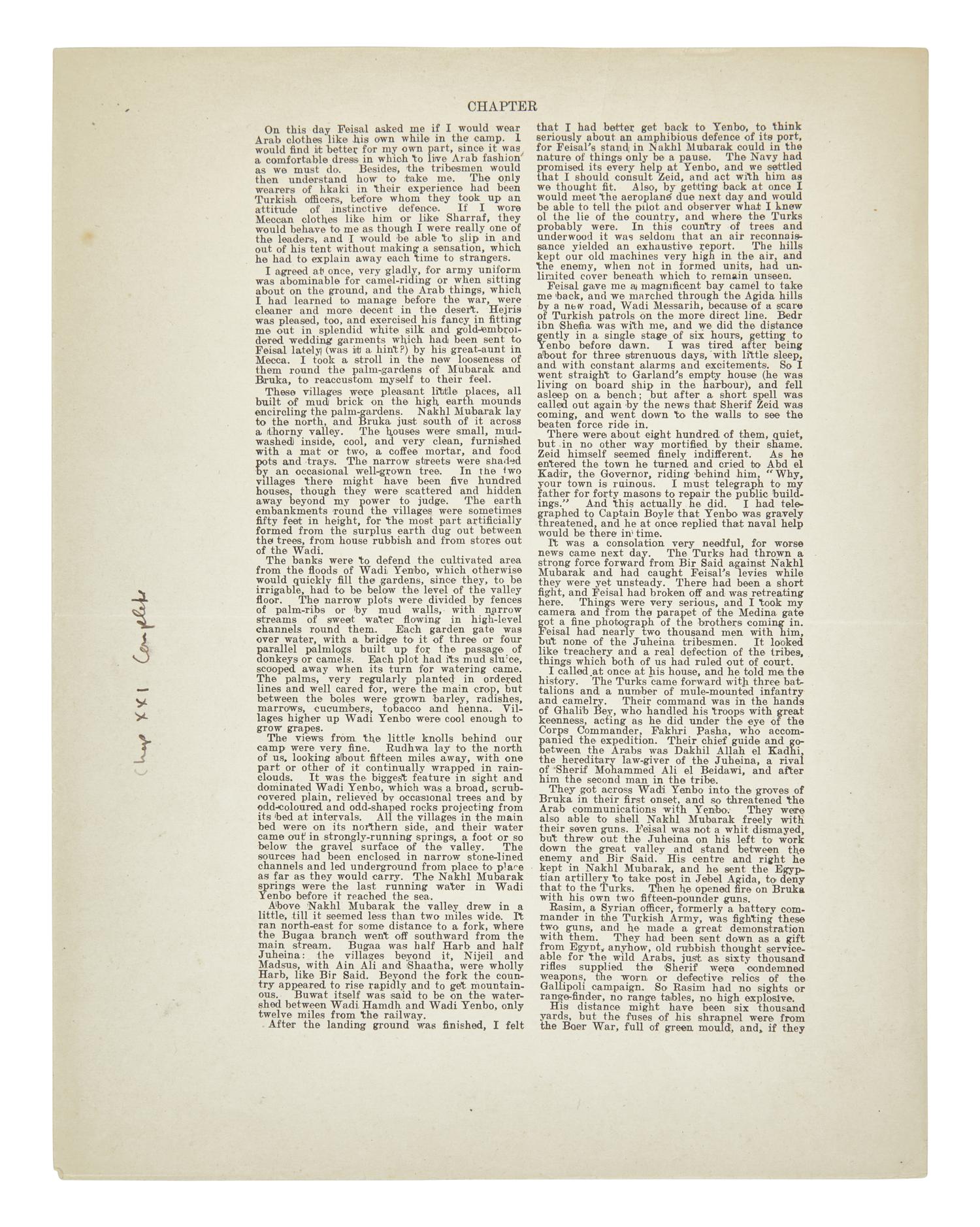 [Literature] (Lawrence, T.E.) Two Leaves From the Oxford Edition of "The Seven Pillars of Wisdom"