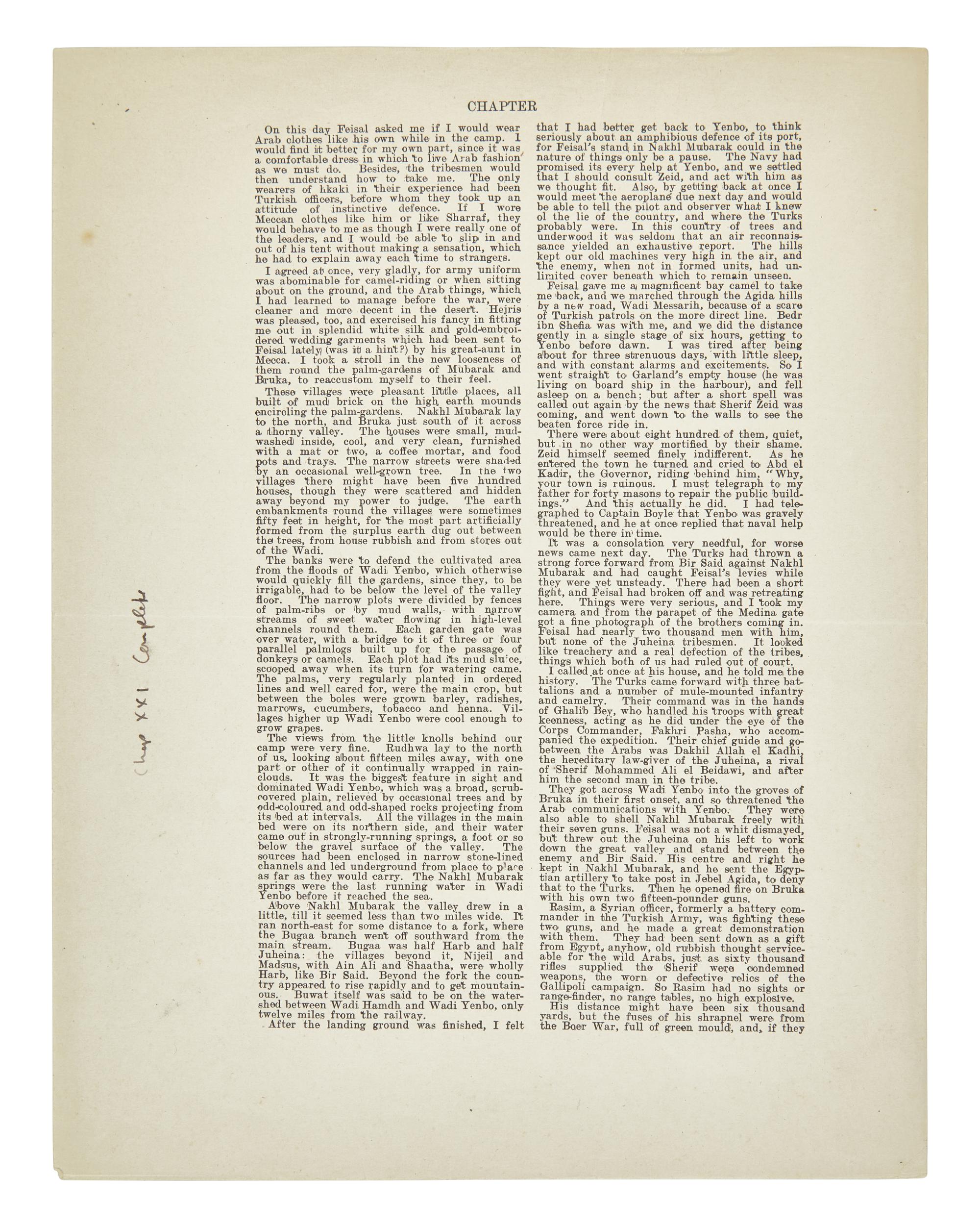 [Literature] (Lawrence, T.E.) Two Leaves From the Oxford Edition of "The Seven Pillars of Wisdom"