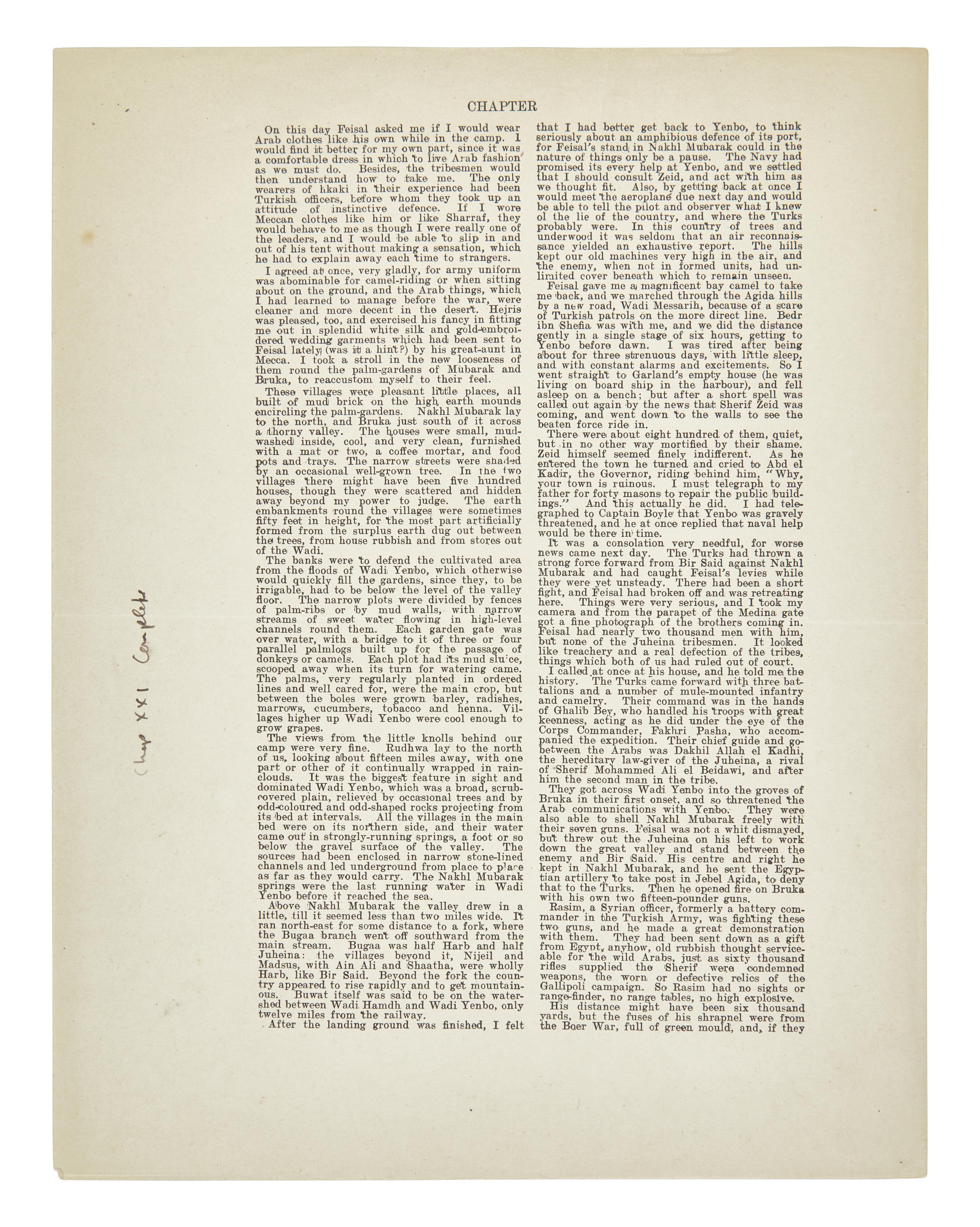 [Literature] (Lawrence, T.E.) Two Leaves From the Oxford Edition of "The Seven Pillars of Wisdom"