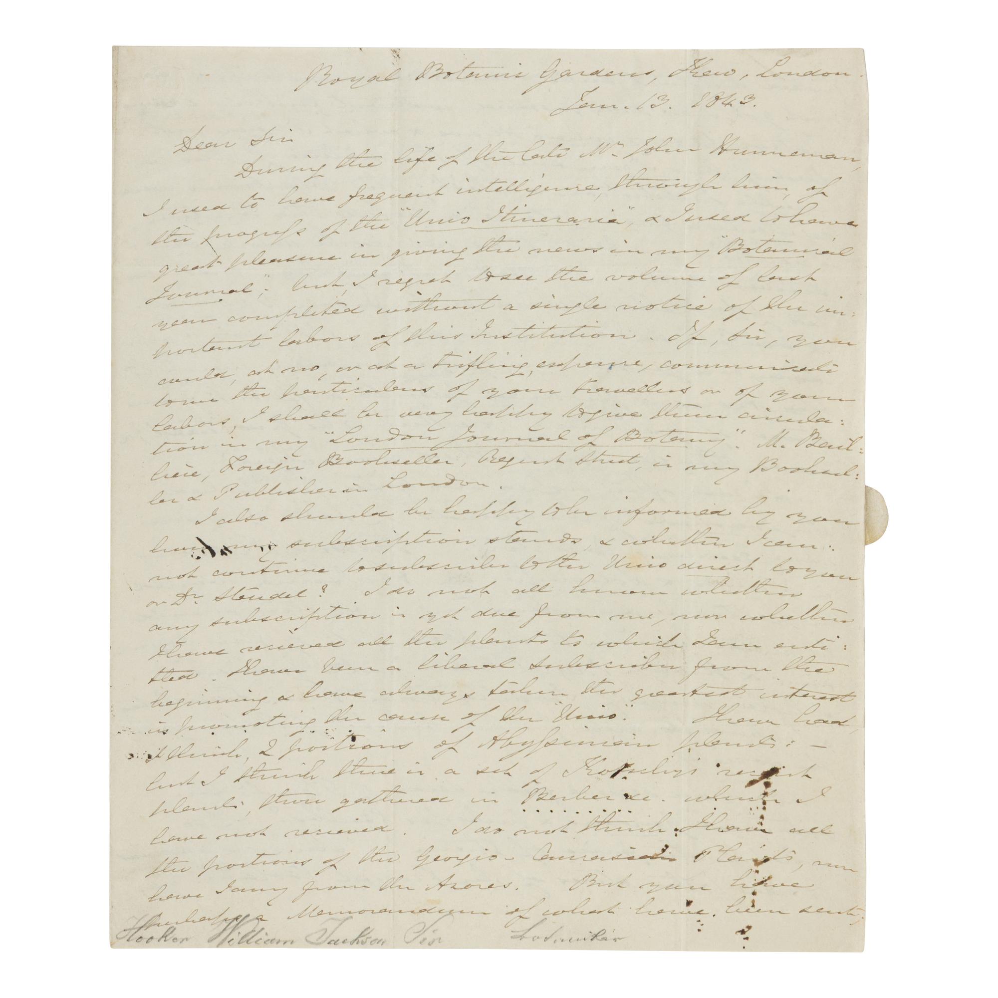 [Natural History] Hooker, William Jackson. Autograph letter, signed