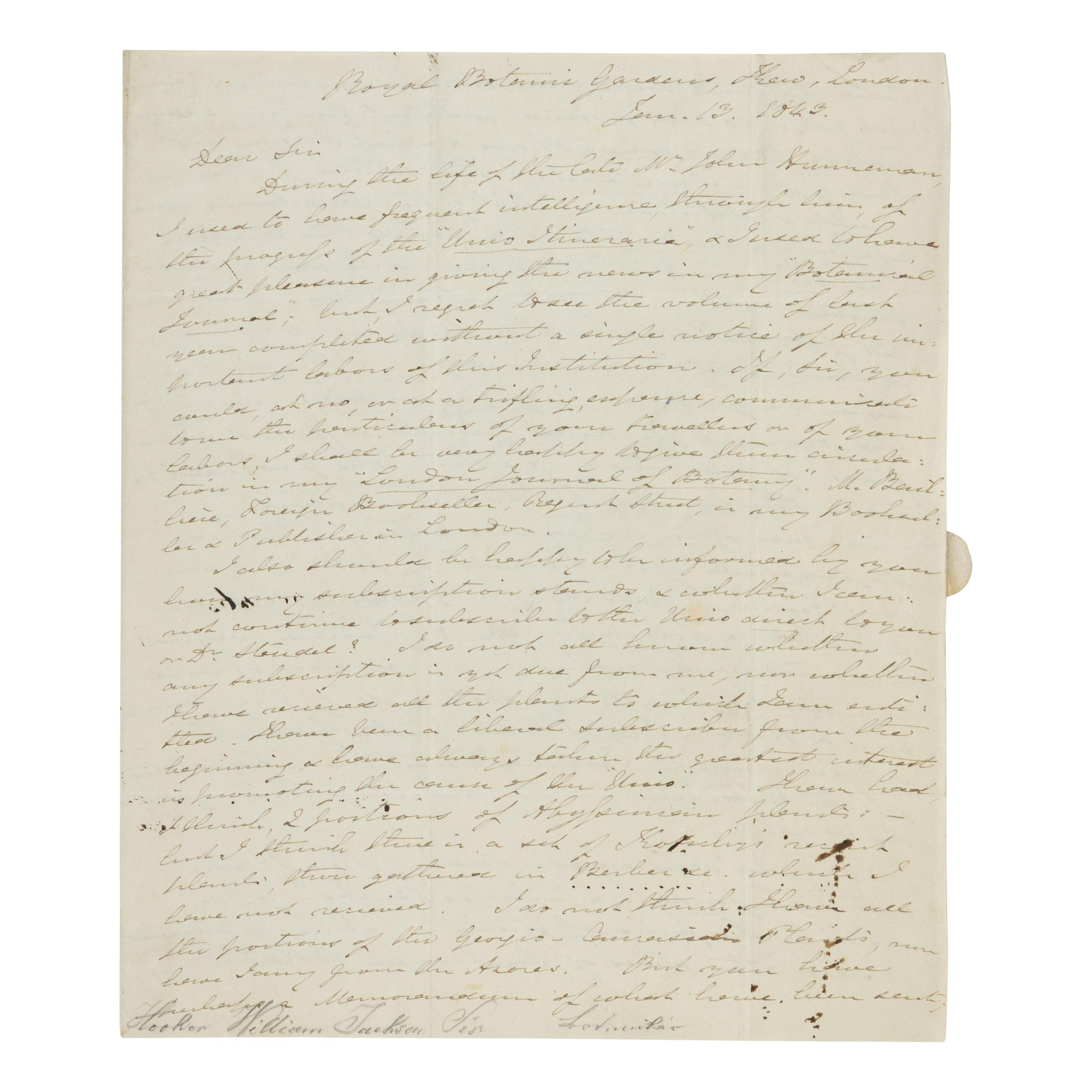 [Natural History] Hooker, William Jackson. Autograph letter, signed