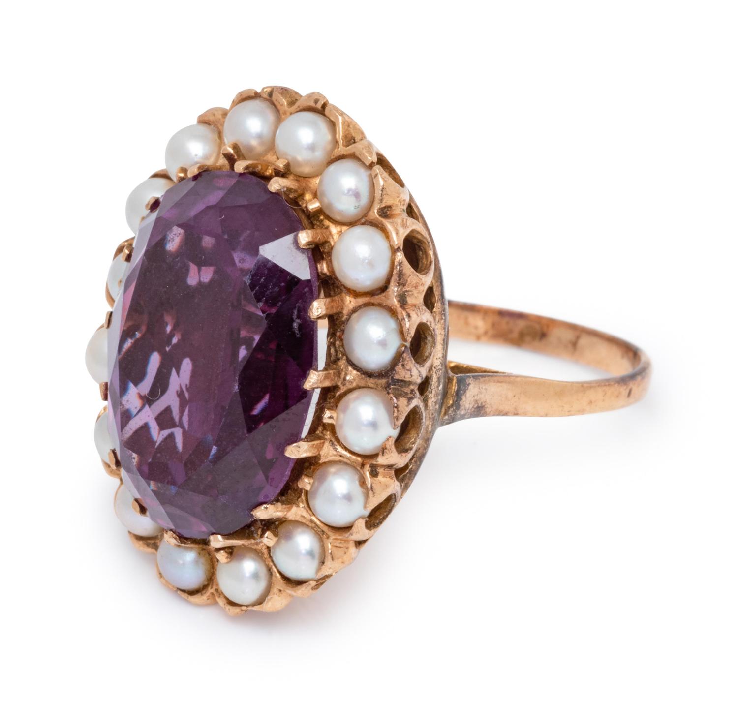 A 14 Karat Yellow Gold, Amethyst and Cultured Pearl Ring,