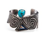 Tufa Cast Silver Cuff, with Turquoise, Jet, Shell, Coral, and Lapis Inlay Lot is located and will ship from Denver, Colorado.