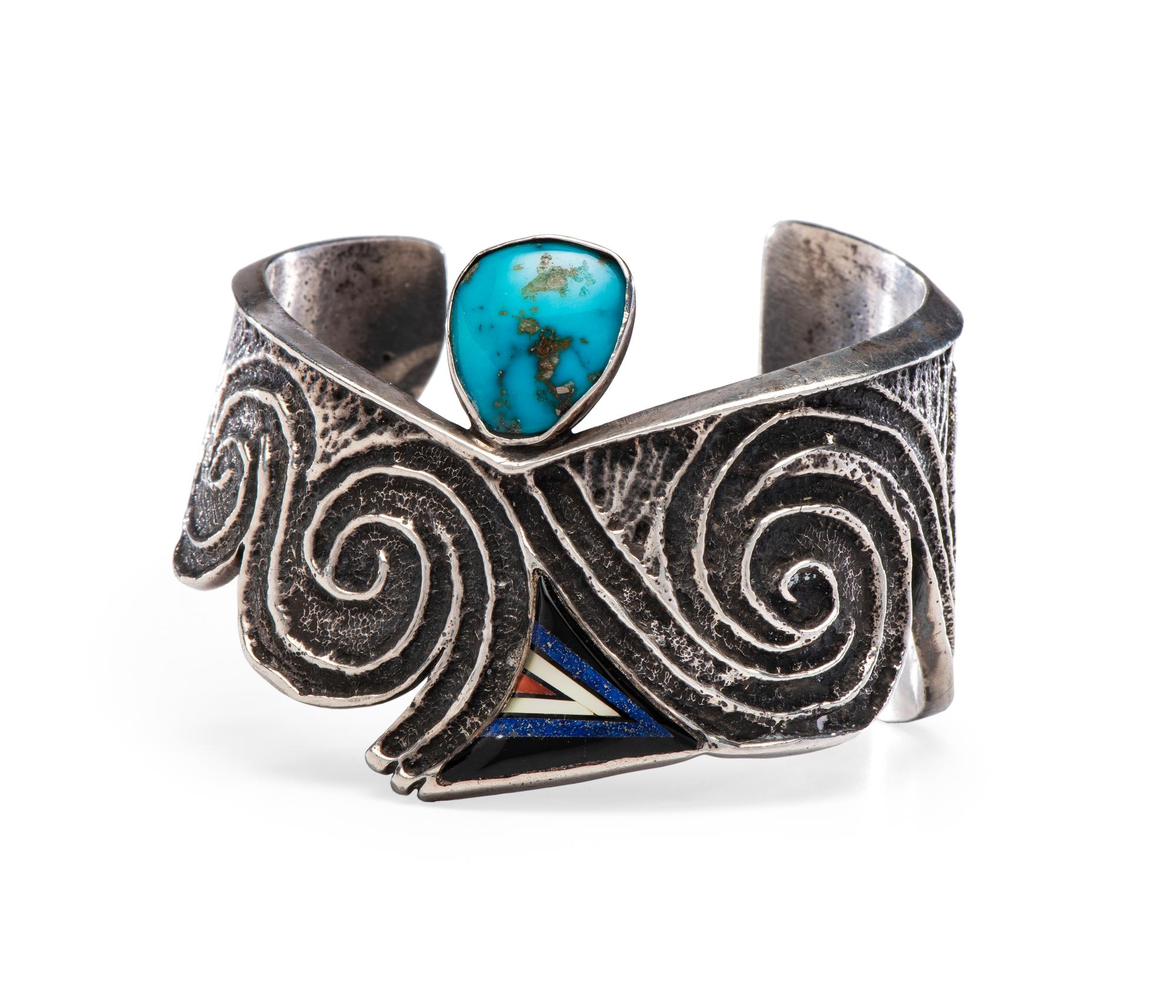 Tufa Cast Silver Cuff, with Turquoise, Jet, Shell, Coral, and Lapis Inlay Lot is located and will ship from Denver, Colorado.