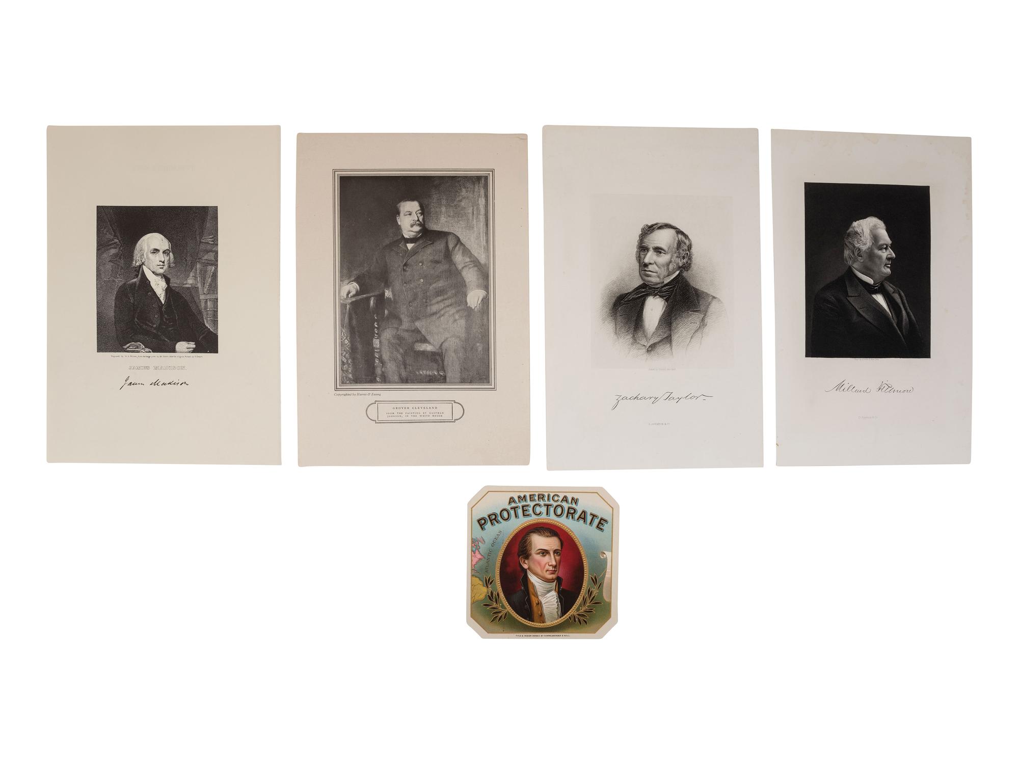 [PRESIDENTS]. Signed documents and ephemera featuring signatures of J.Q. ADAMS, FILLMORE, MCKINLEY, CLEVELAND, HARRISON, HARDING, and HAYES.
