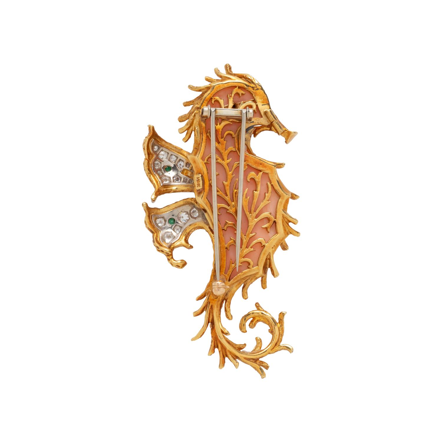 TIFFANY & CO., CORAL, DIAMOND AND EMERALD SEAHORSE BROOCH