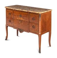 A Louis XV/XVI Transitional Style Marquetry Marble-Top Commode