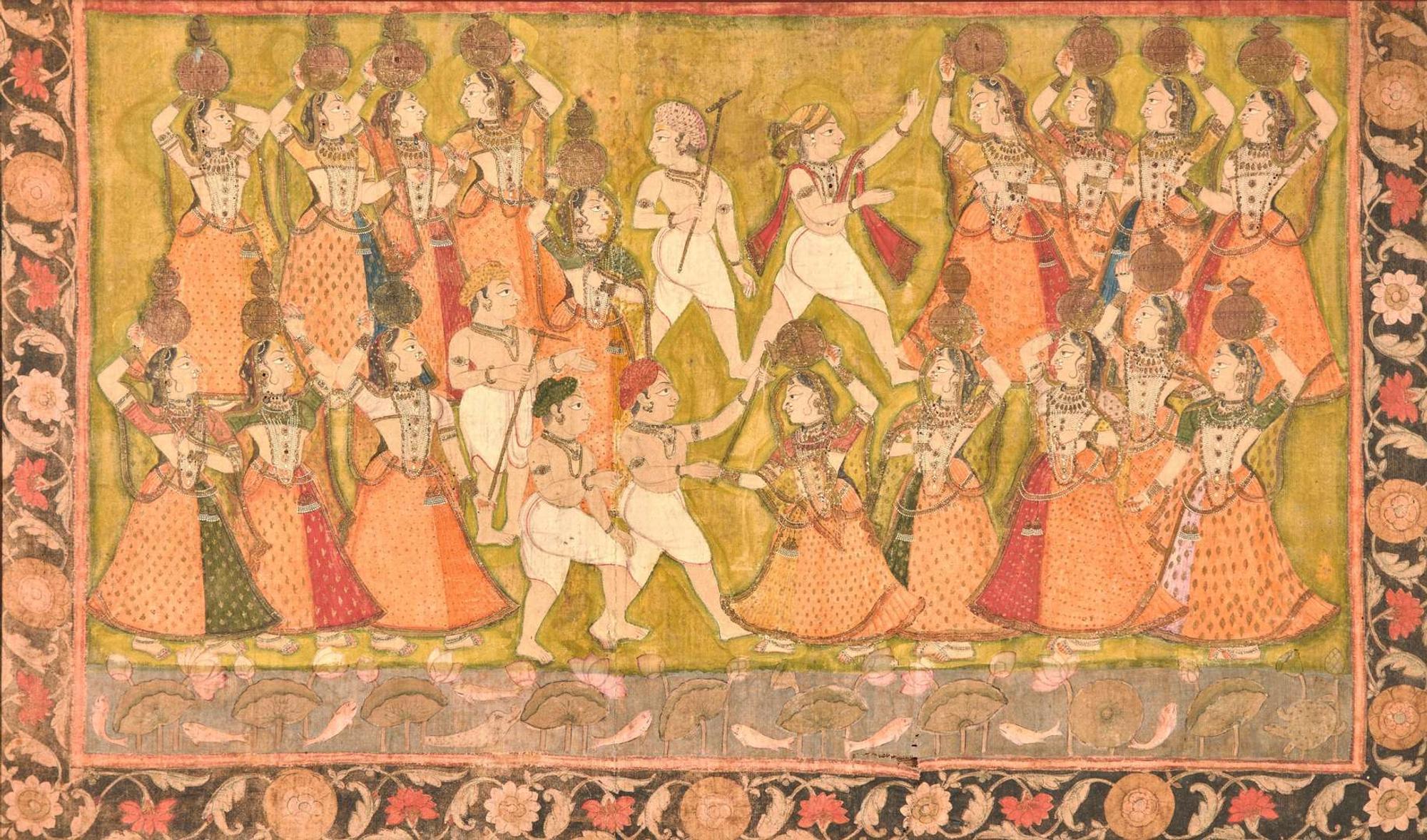 An Indian Pichwai depicting Gopis and Cowherds, 19th century or earlier, Gopis與牛群 十九世紀或更早