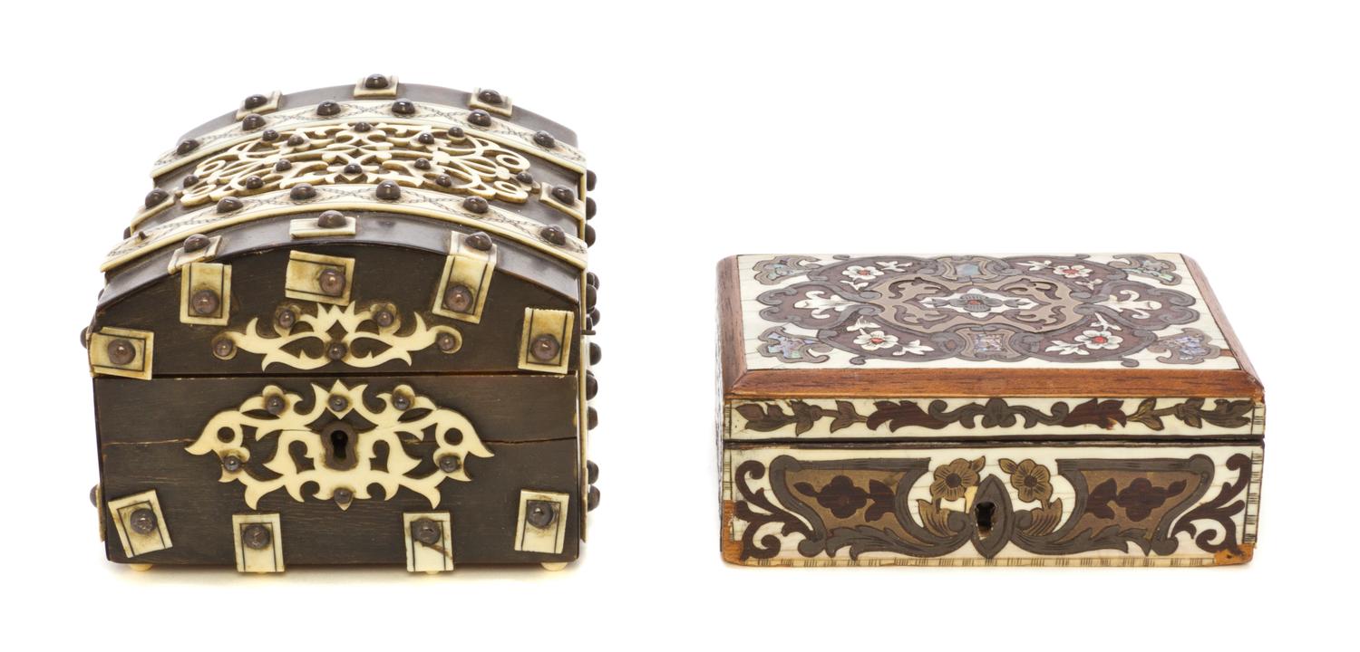 Two Continental Bone Applied or Inset Boxes, Length of first 4 1/4 inches.