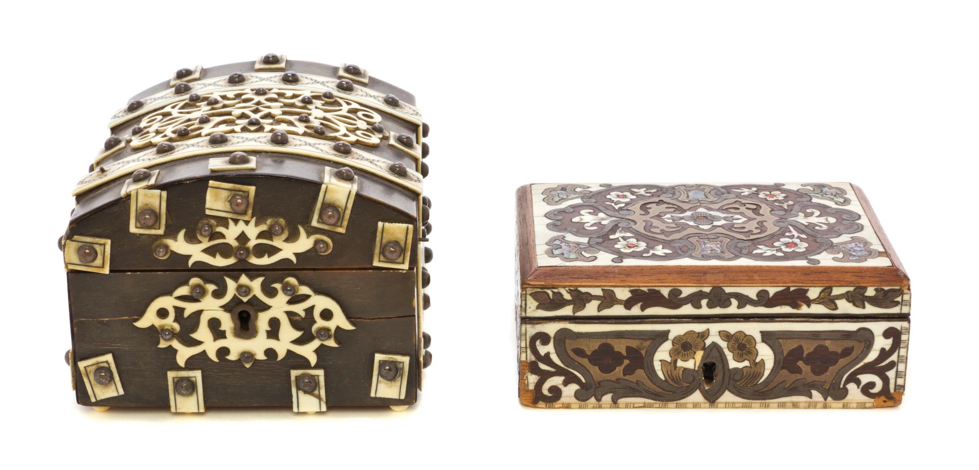 Two Continental Bone Applied or Inset Boxes, Length of first 4 1/4 inches.