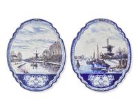 A pair of Dutch Delft polychrome-decorated plaques, probably 20th century