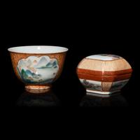 Two Chinese Faux-Bois and Famille Rose Porcelain Wares, Late 19th-Early 20th Century — 晚清-民國 粉彩仿木紋開光山水圖八方小蓋盒及茶杯