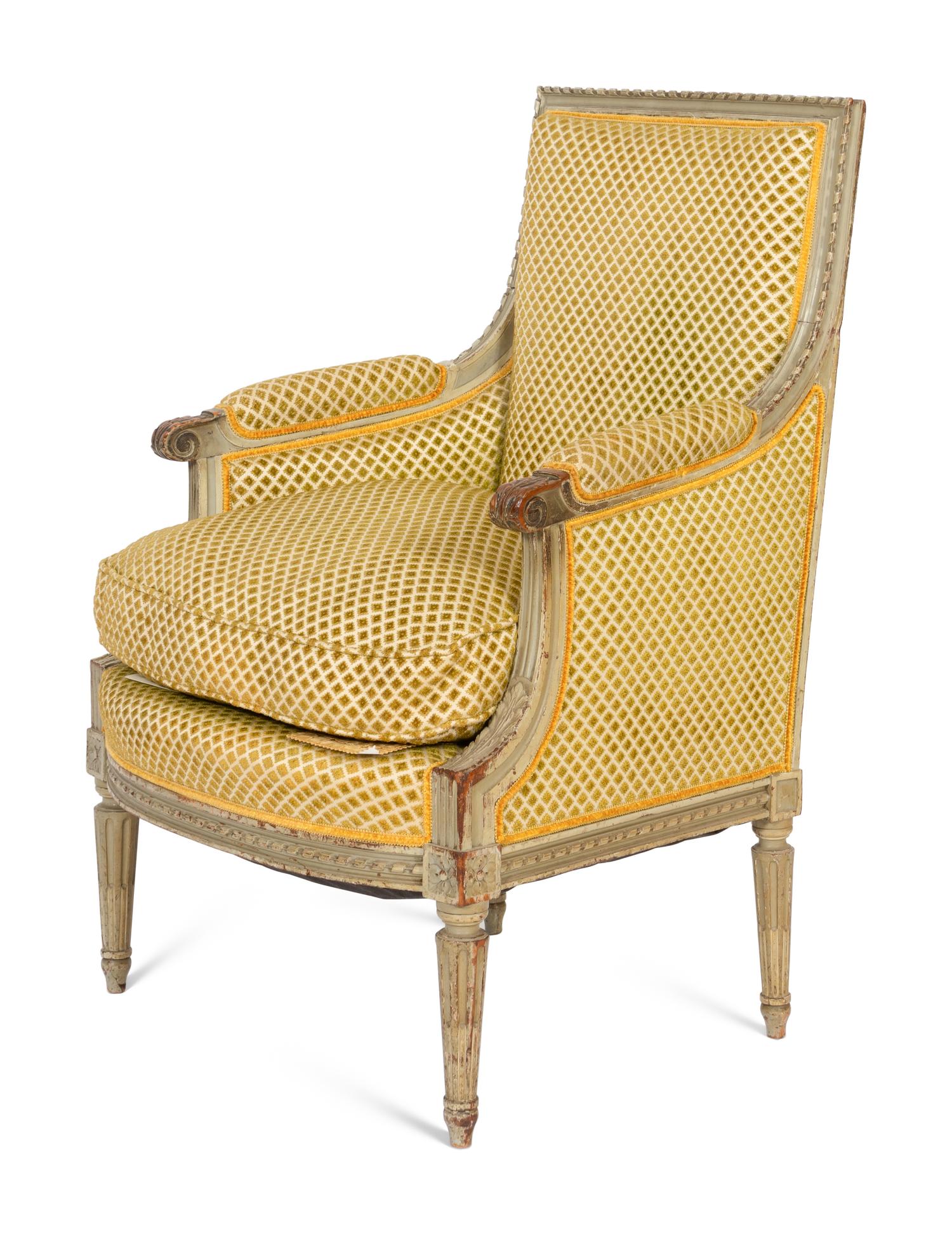 A Louis XVI Style Gray-Painted Beech Bergère