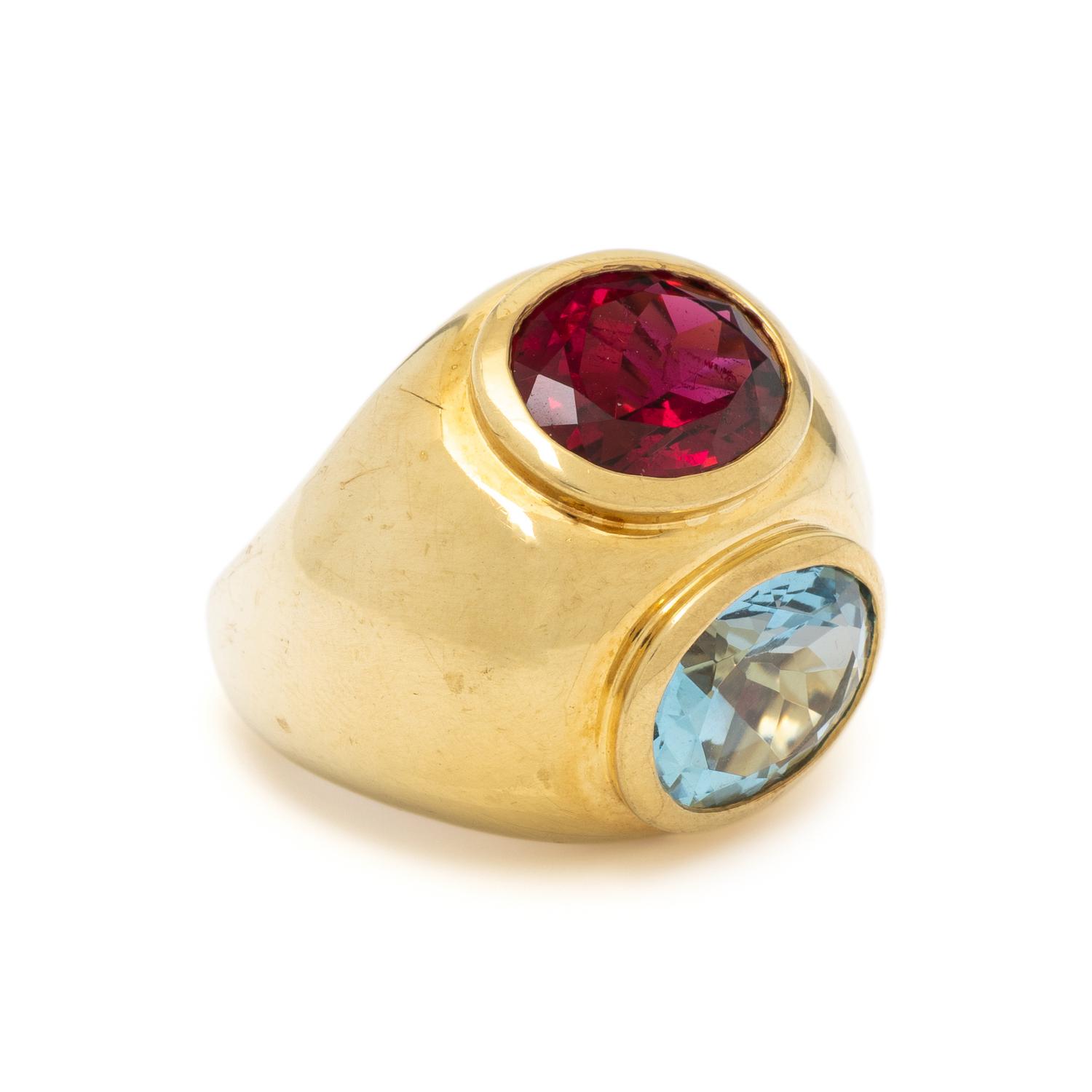 TIFFANY & CO., PALOMA PICASSO, YELLOW GOLD, AQUAMARINE, AND RUBELLITE TOURMALINE RING