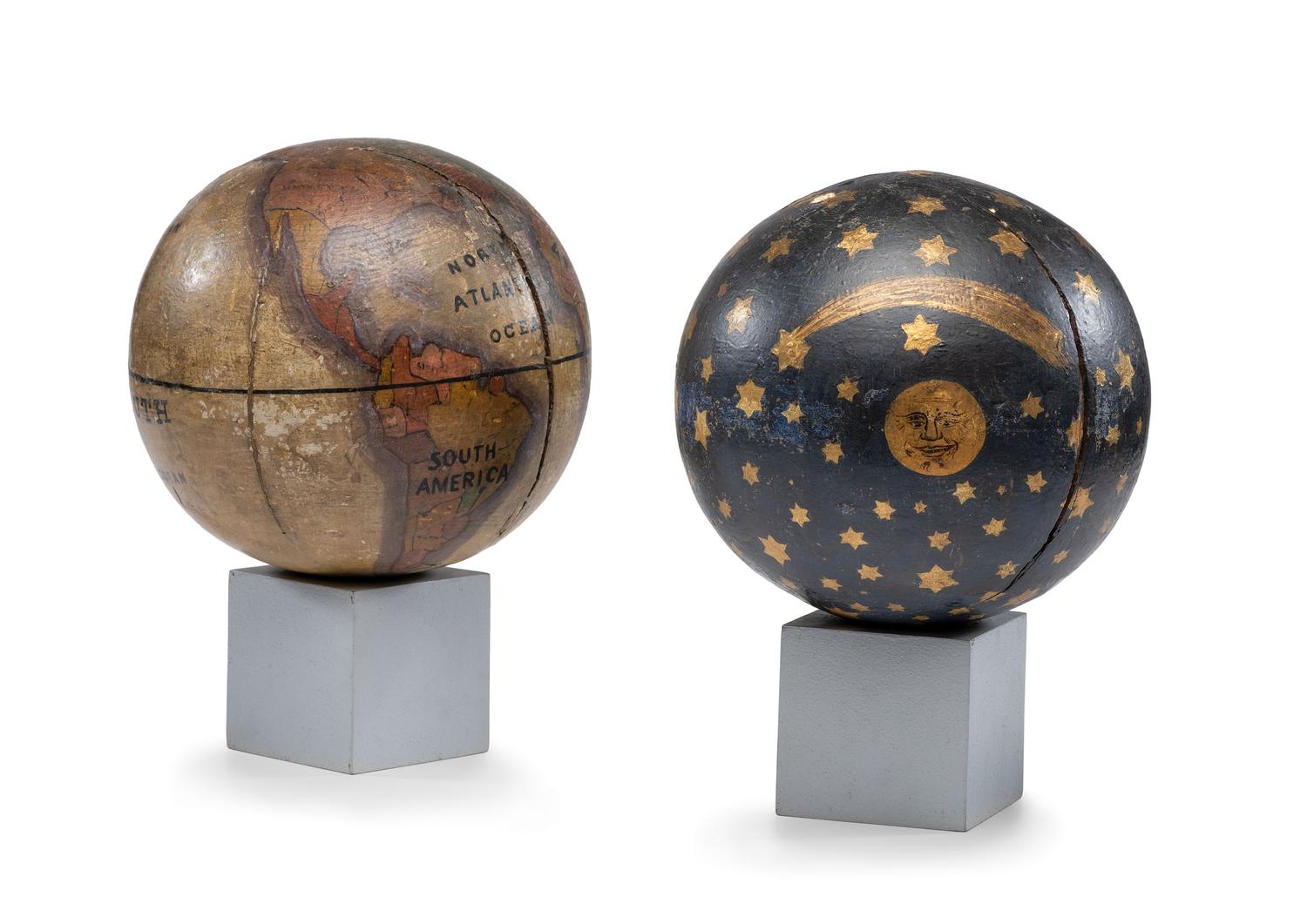 A Pair of Painted Wood Masonic Terrestrial and Celestial Globes on Stands