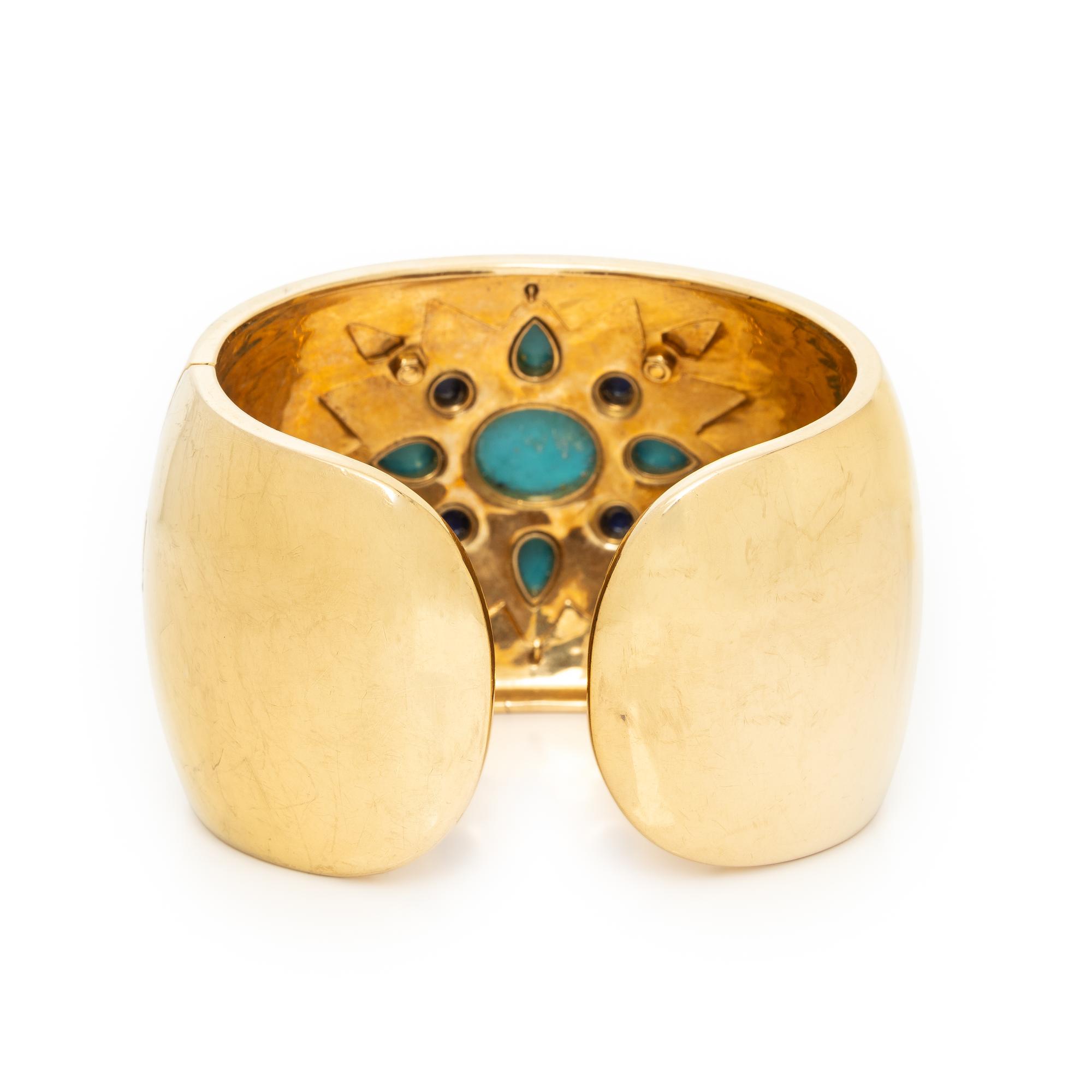 TURQUOISE, LAPIS LAZULI, DIAMOND, ENAMEL, AND YELLOW GOLD CUFF BRACELET