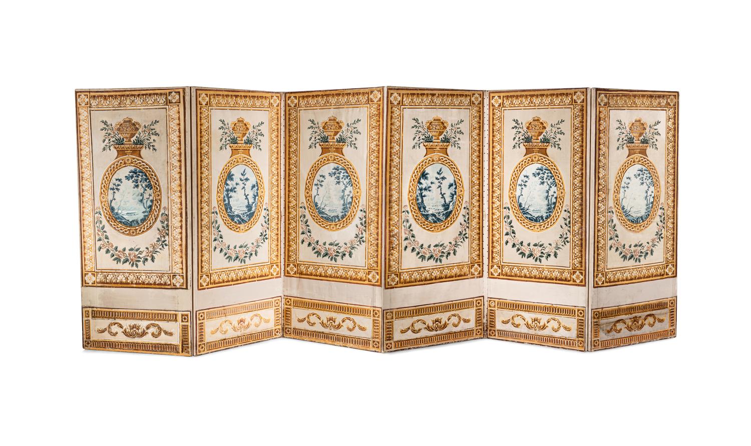 A Louis XVI Style Polychrome Painted Canvas Six-Panel Floor Screen