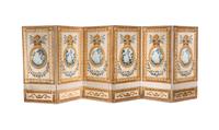 A Louis XVI Style Polychrome Painted Canvas Six-Panel Floor Screen