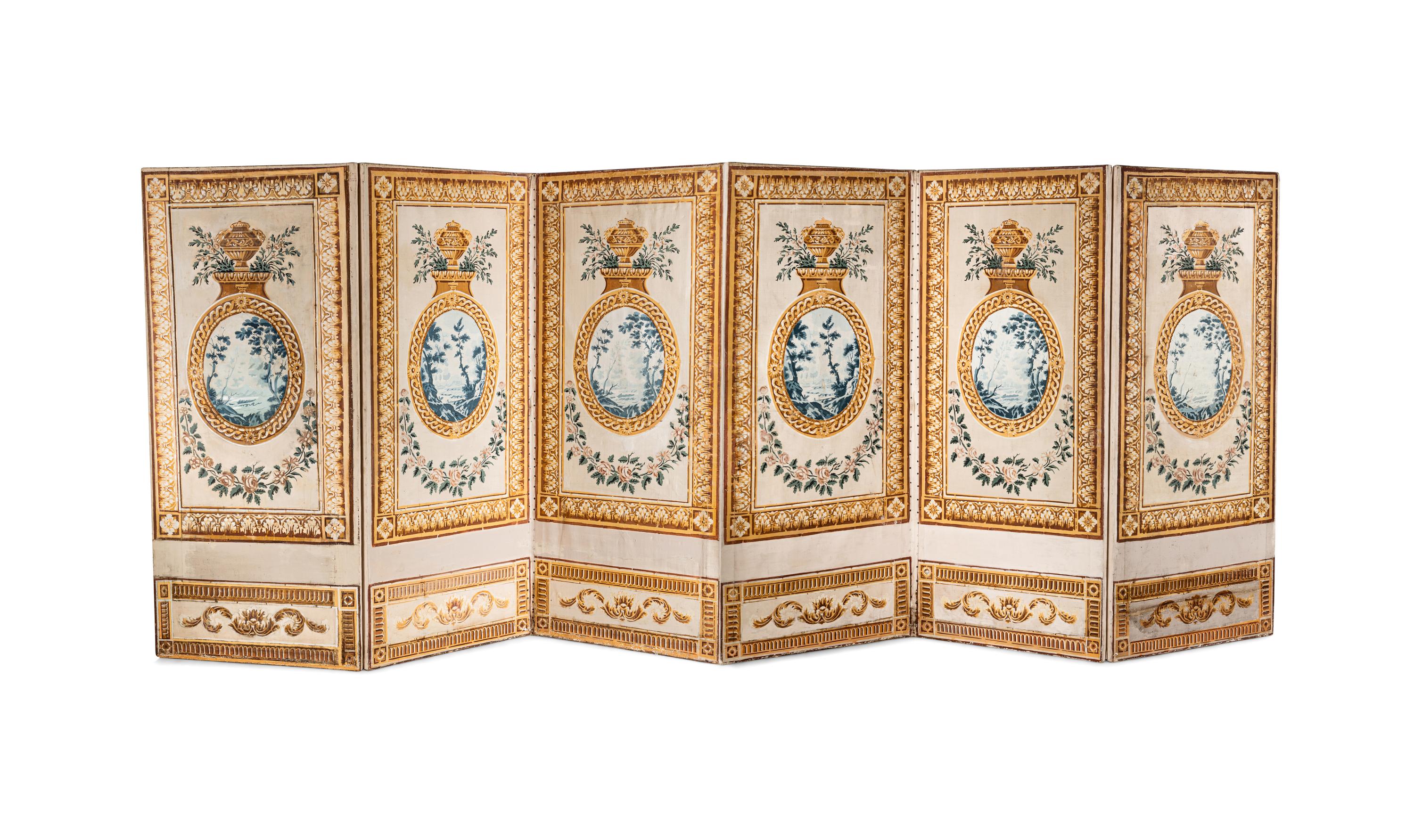 A Louis XVI Style Polychrome Painted Canvas Six-Panel Floor Screen