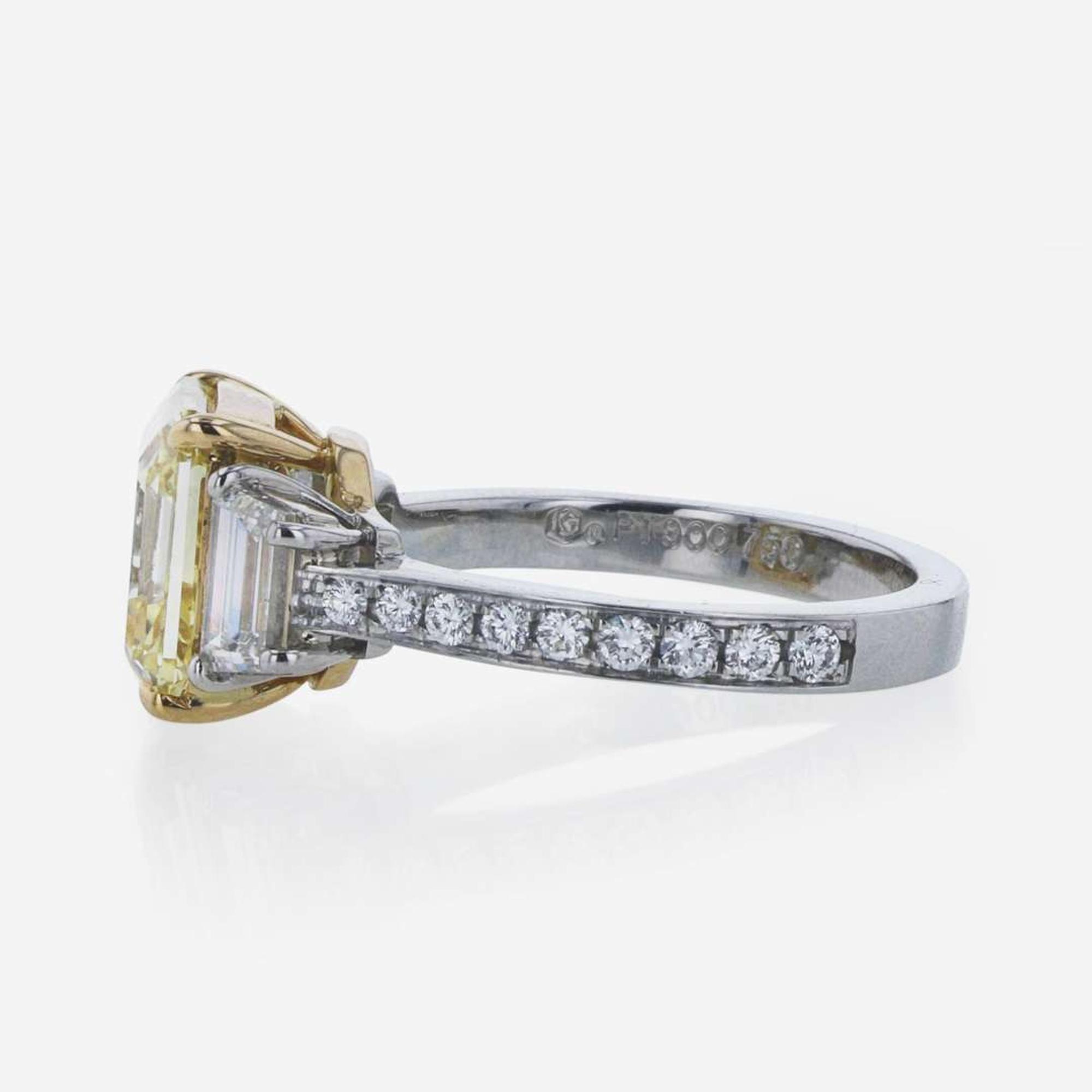 Colored Diamond, Platinum, and 18K White Gold Ring 4.41 Carat Rectangular Step-Cut Colored Diamond, GIA Certified