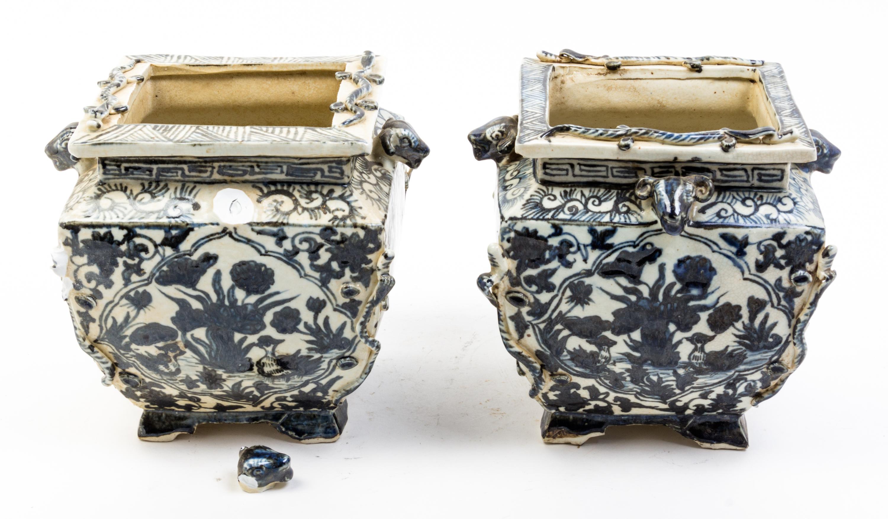 A Pair of Glazed Ceramic Jardinieres Height 8 1/4 inches.