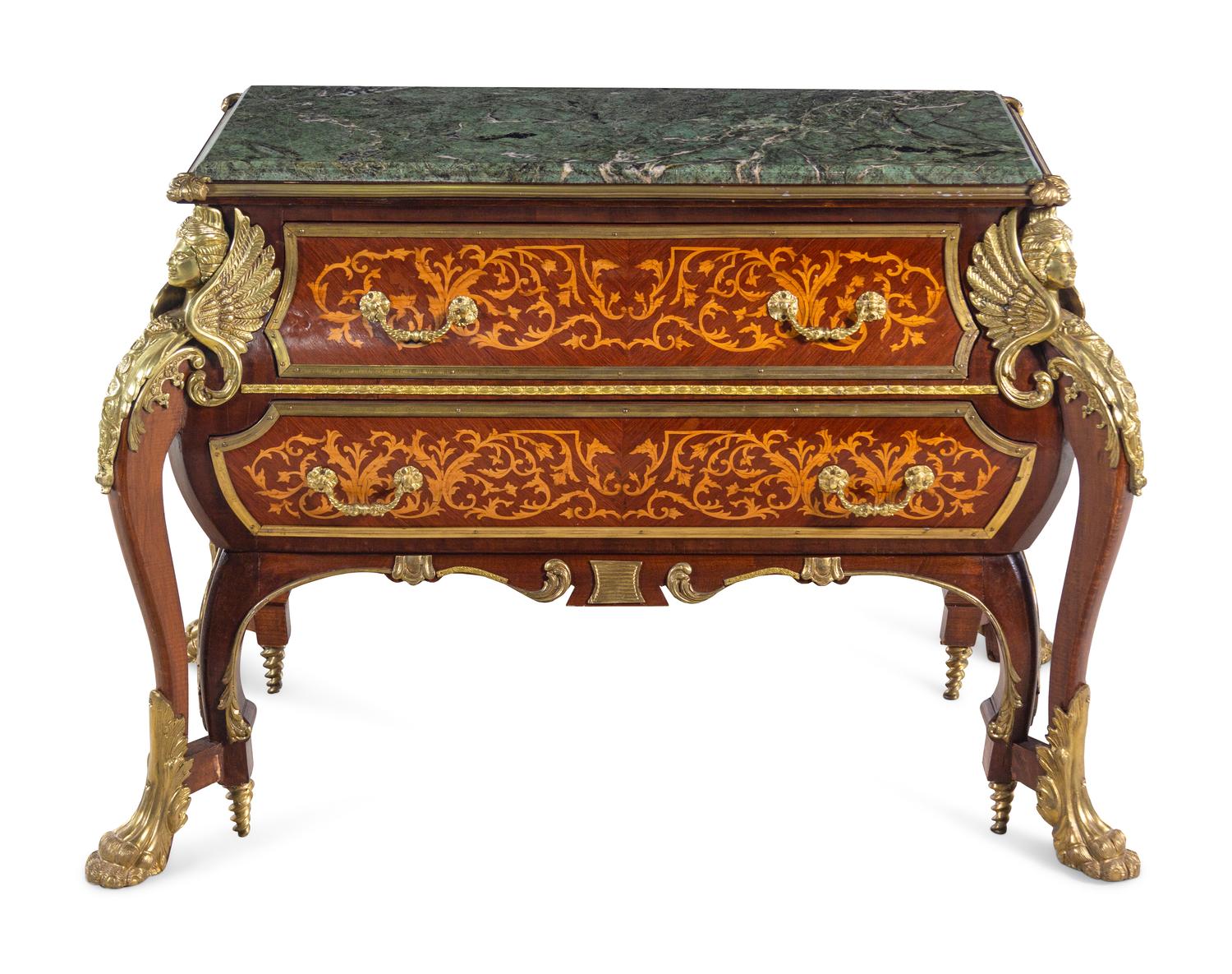 A Louis XIV Style Gilt Metal Mounted Marquetry Marble-Top Commode After the Model by André-Charles Boulle