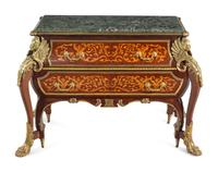 A Louis XIV Style Gilt Metal Mounted Marquetry Marble-Top Commode After the Model by André-Charles Boulle