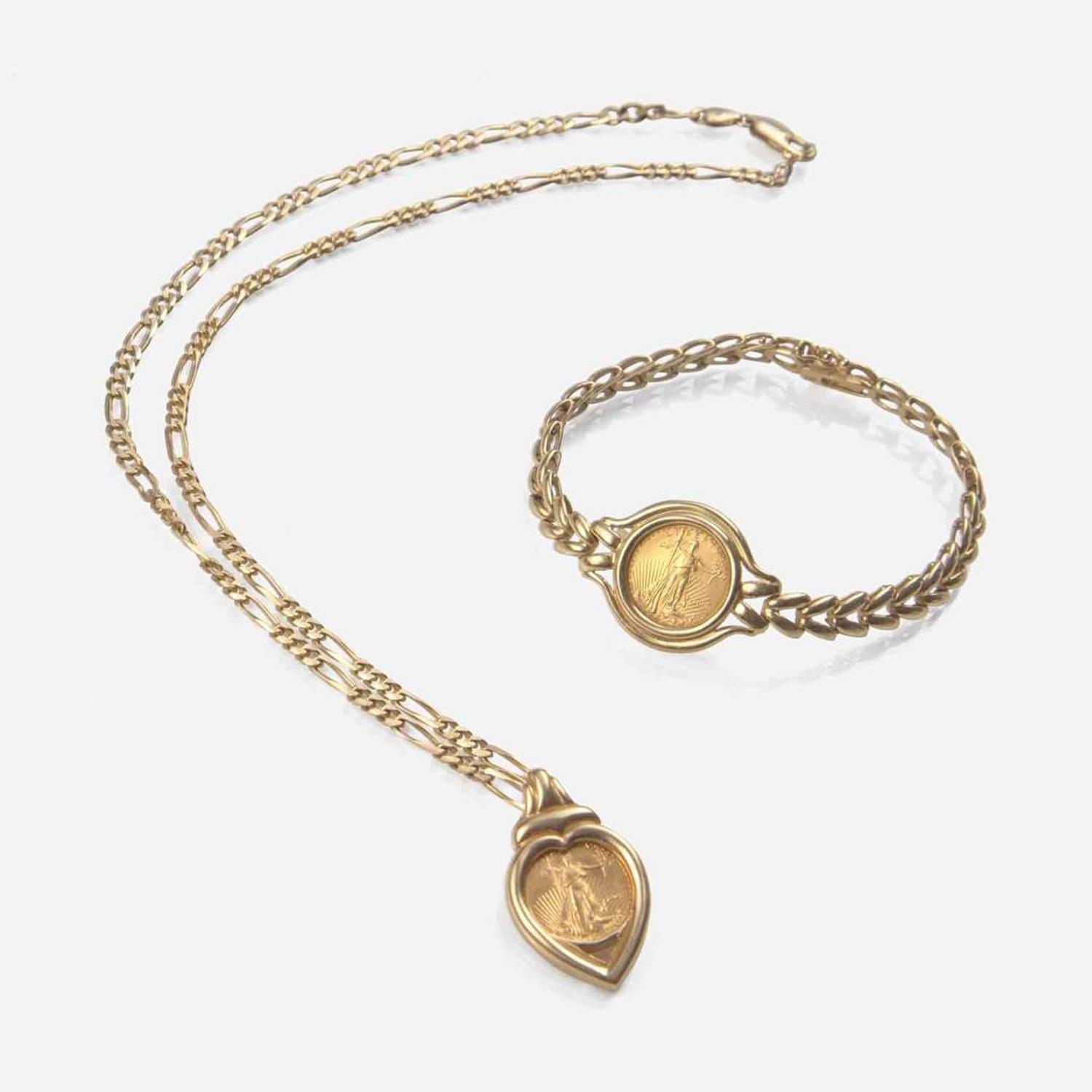 A Set of Yellow Gold Coin Bracelet and Necklace