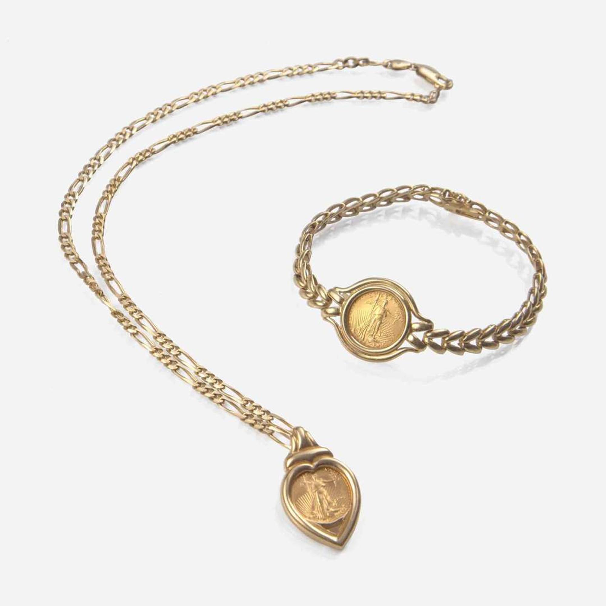 A Set of Yellow Gold Coin Bracelet and Necklace