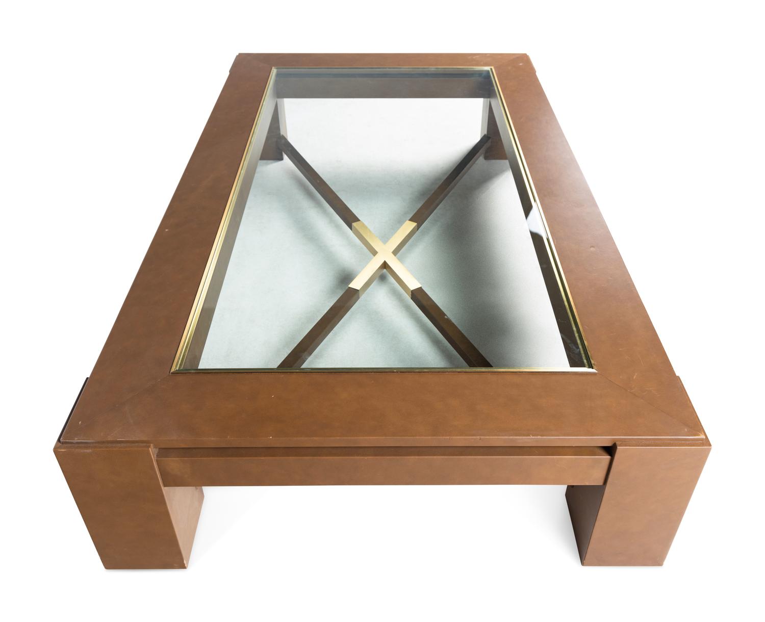 A Contemporary Faux Leather, Brass and Glass Low Table