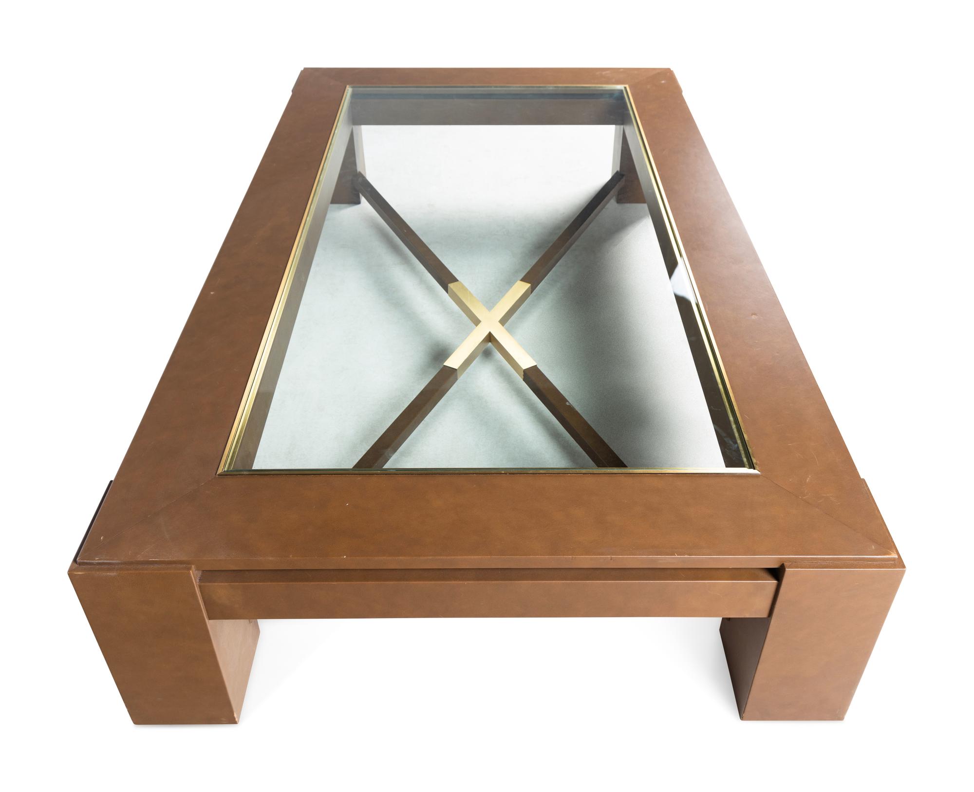 A Contemporary Faux Leather, Brass and Glass Low Table