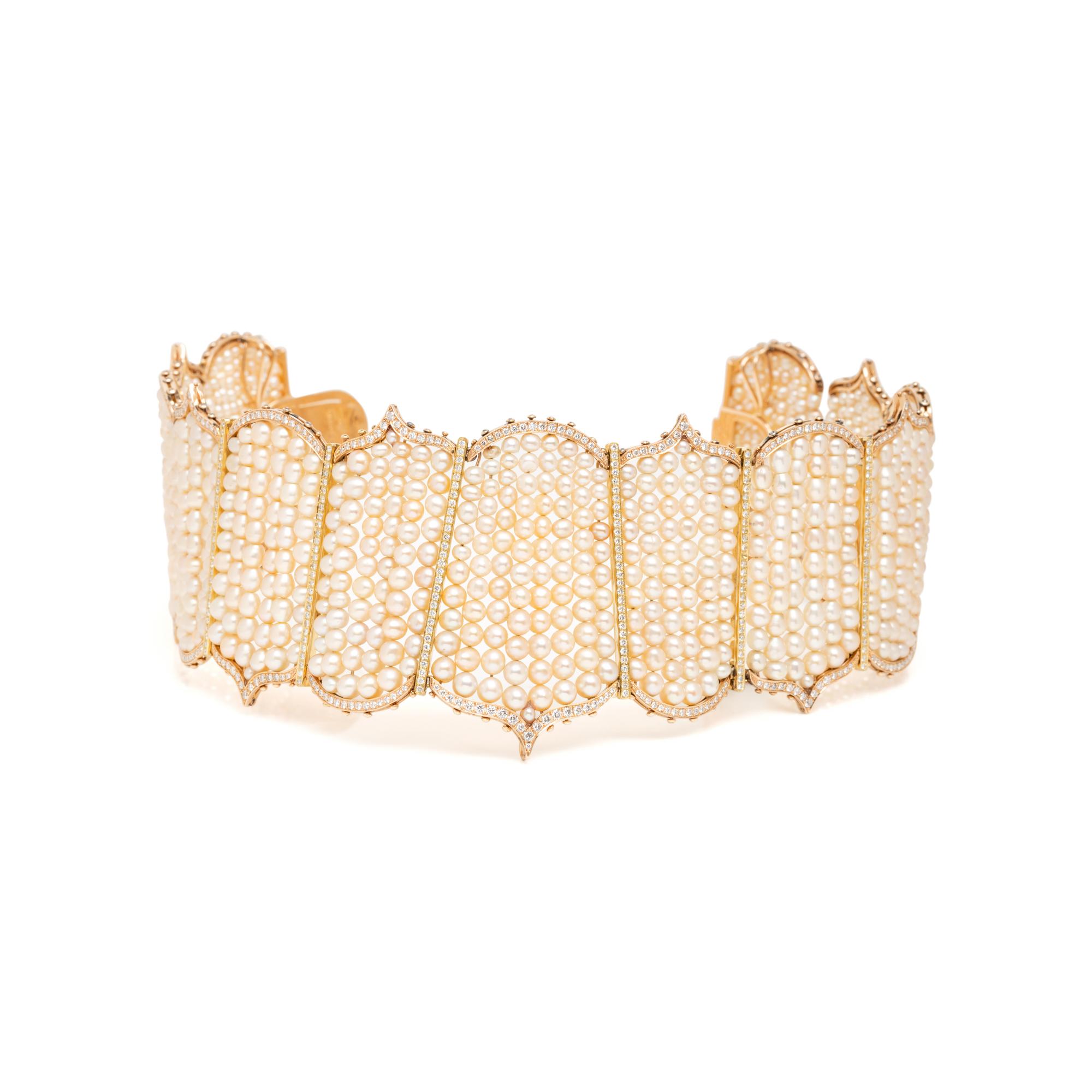 LUZ CAMINO, BICOLOR GOLD, CULTURED PEARL, AND DIAMOND CHOKER NECKLACE