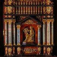 An Italian Baroque Style Gilt Bronze Mounted Pietra Dura, Lapis Lazuli and Giltwood Cabinet on Stand
