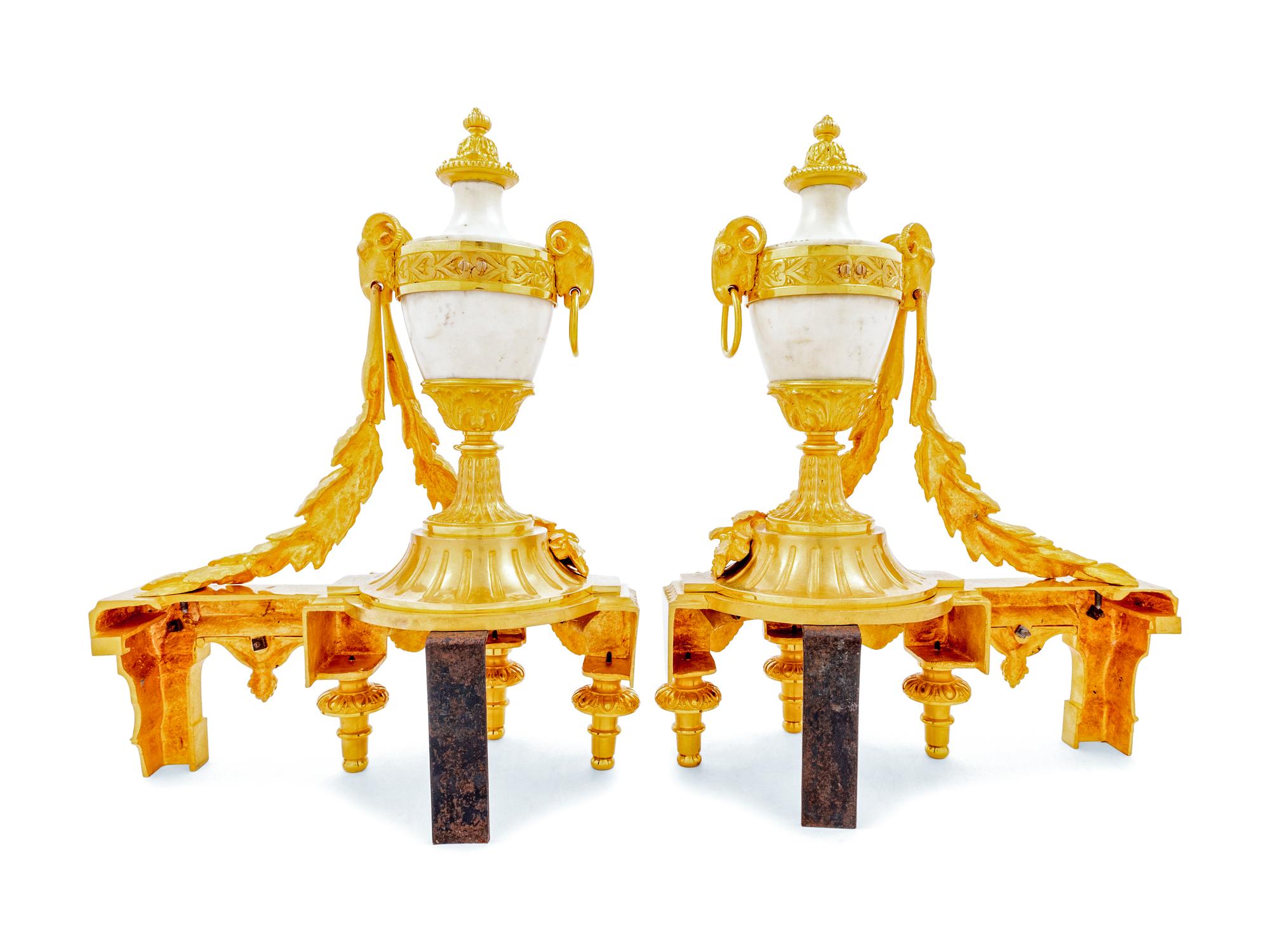 A Pair of French Gilt Bronze and Marble Chenets