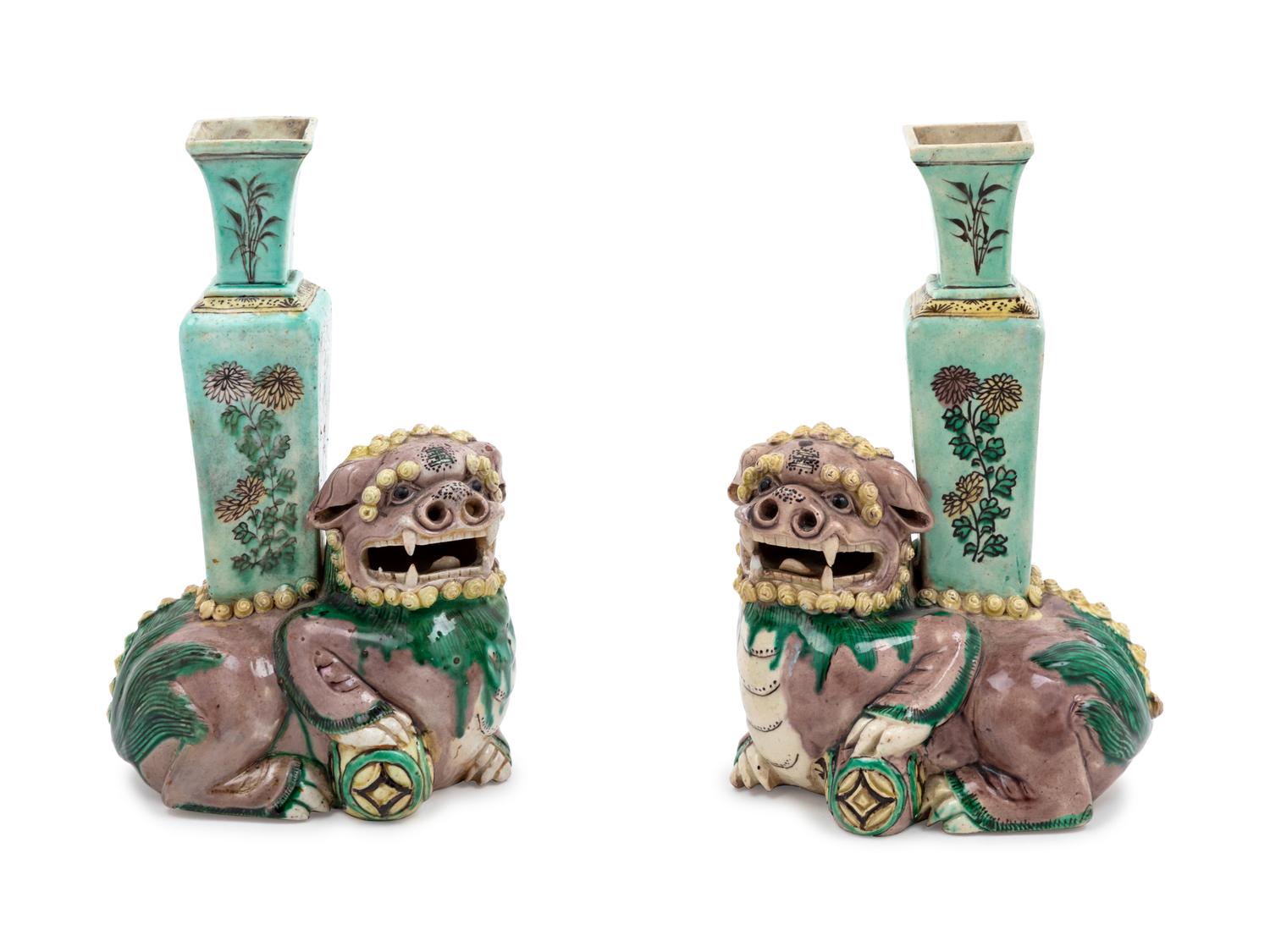 A Pair of Chinese Famille Verte Painted Porcelain 'Buddhist Lion' Joss Stick Holders