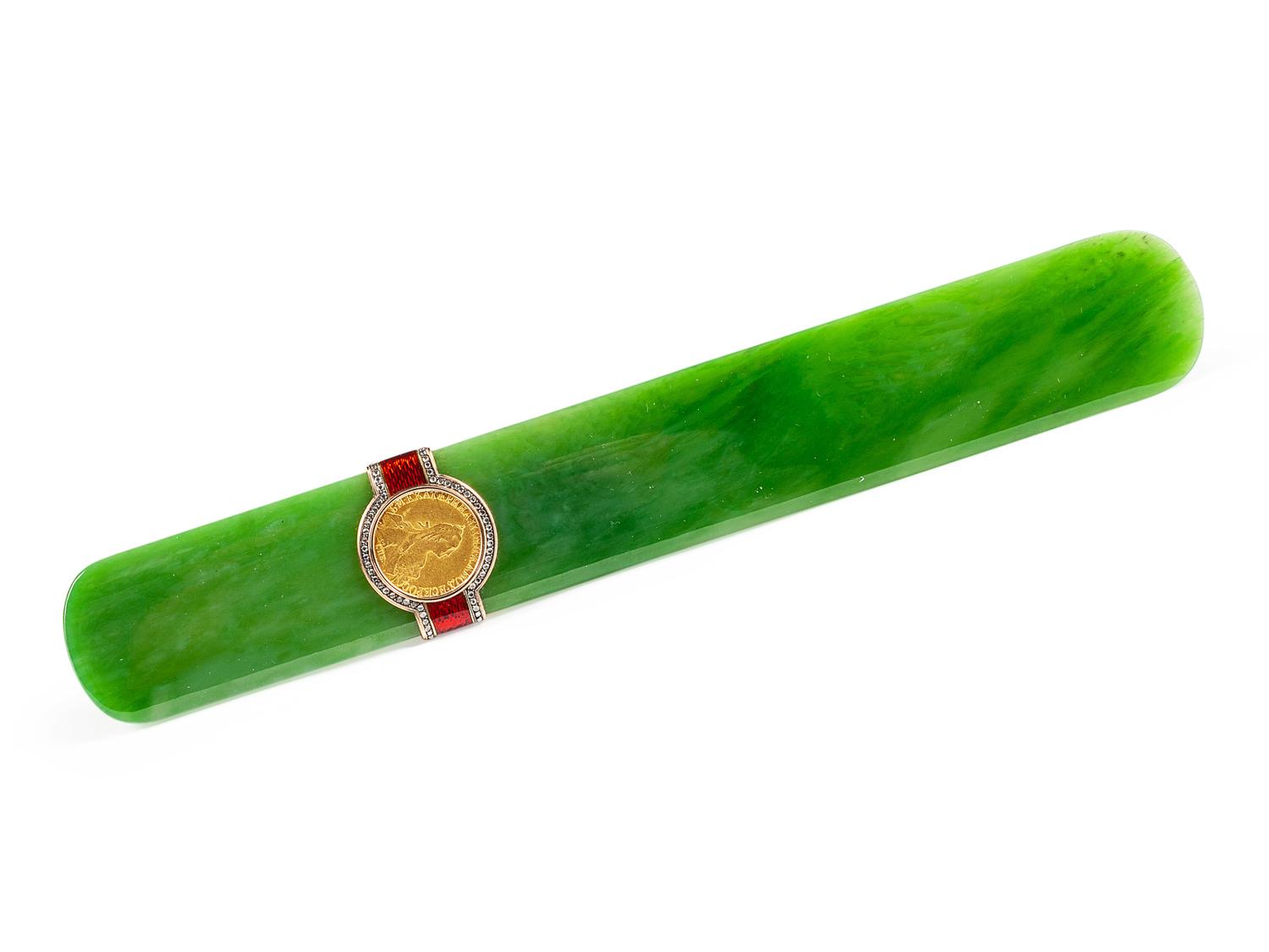 A Russian Diamond, Enamel and Gold Mounted Jade Paper Knife