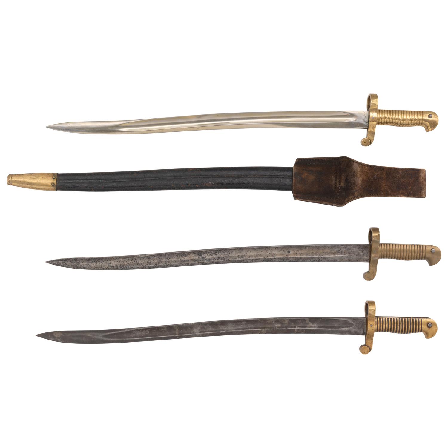 Three US Model 1861 Navy Rifle Saber Bayonets, One with Scabbard & Frog