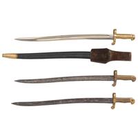 Three US Model 1861 Navy Rifle Saber Bayonets, One with Scabbard & Frog