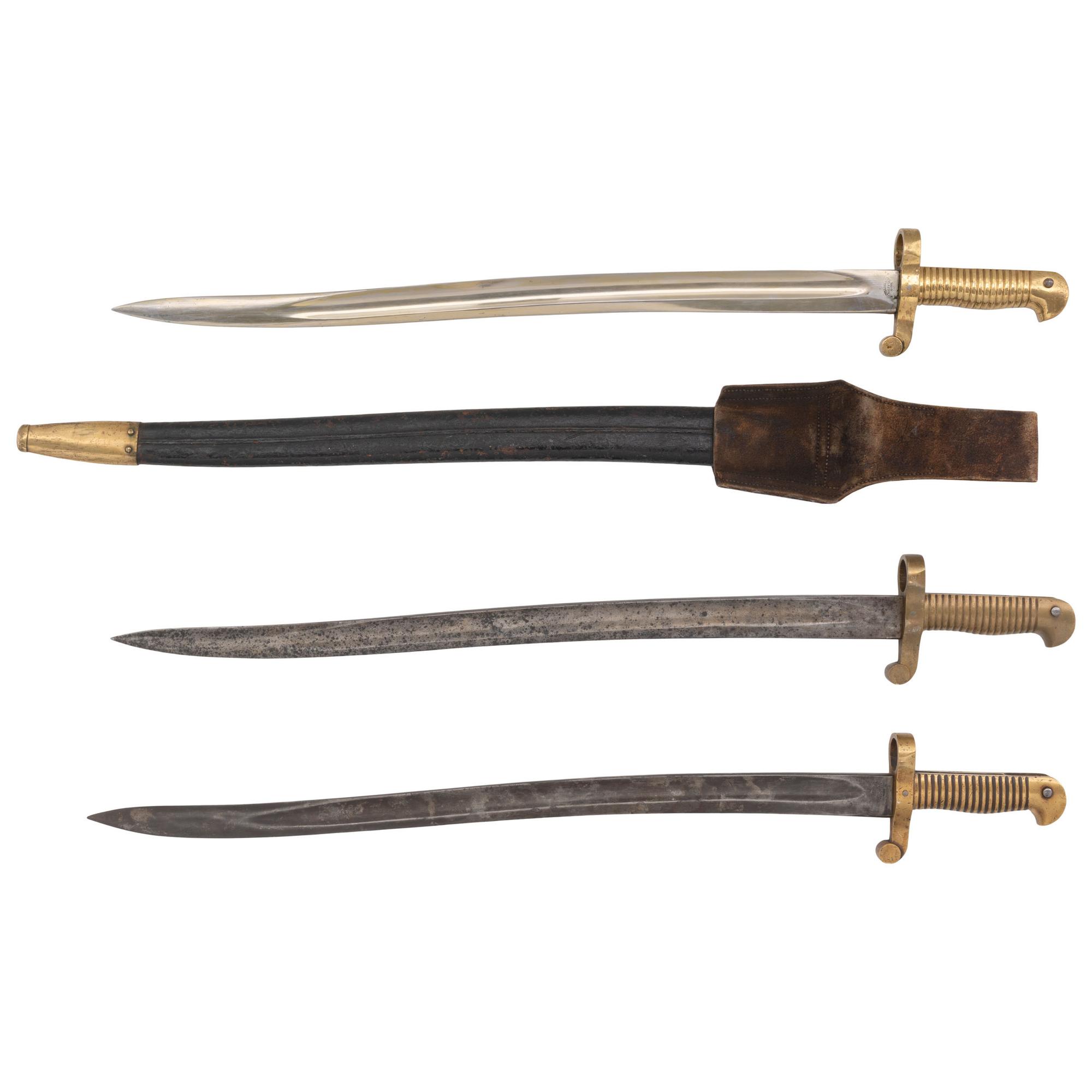 Three US Model 1861 Navy Rifle Saber Bayonets, One with Scabbard & Frog