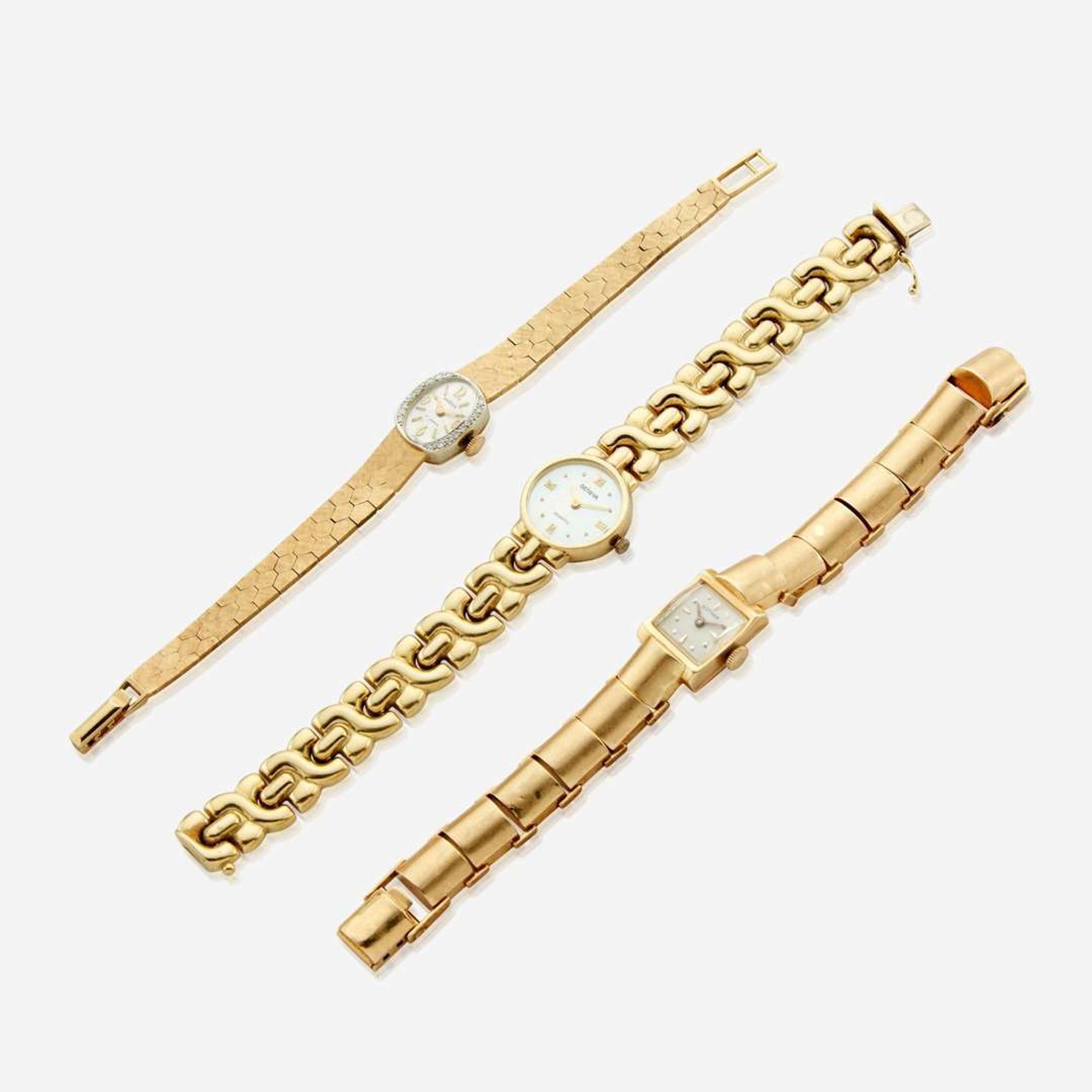 A collection of three lady's gold bracelet watches Geneva, Angelus, Gotham