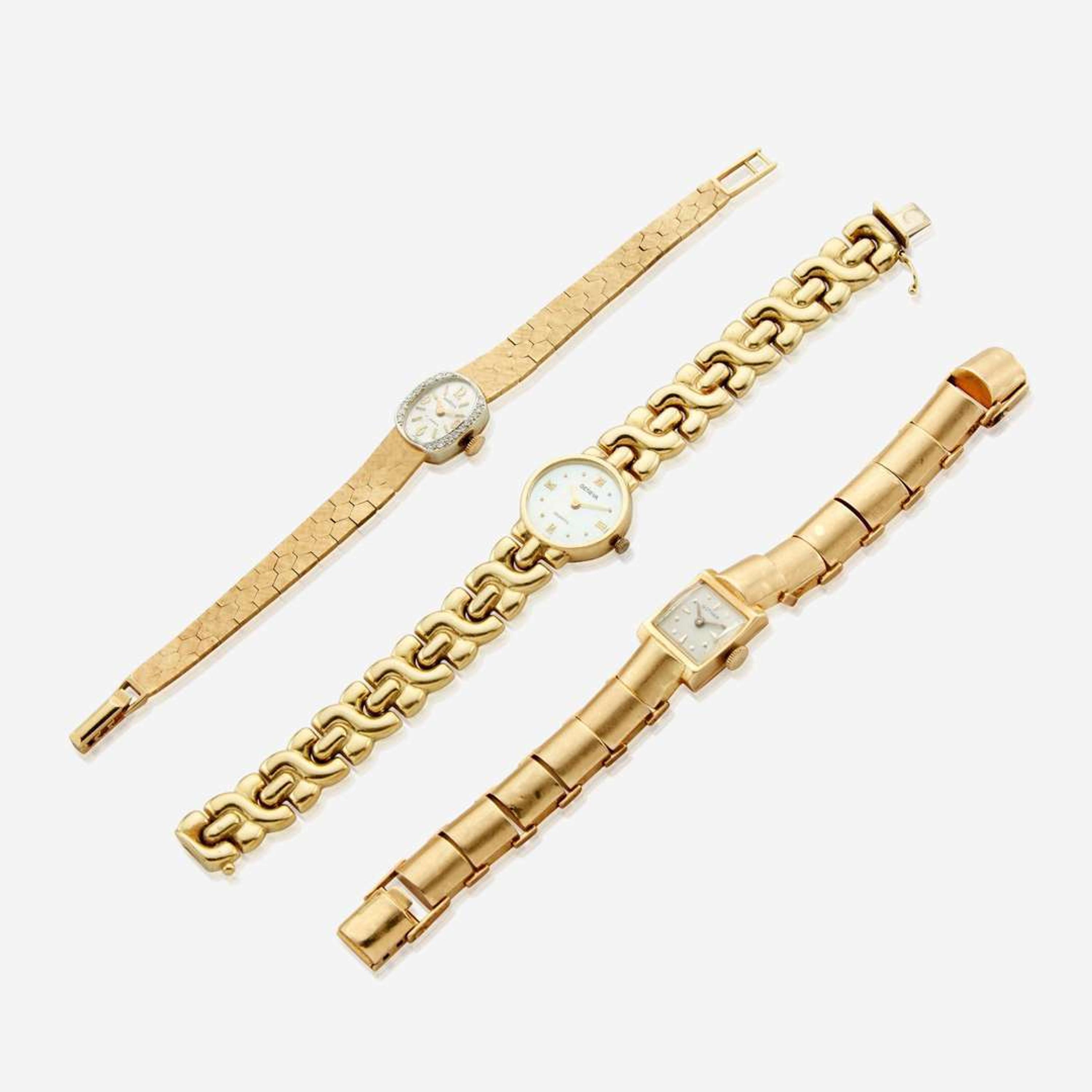 A collection of three lady's gold bracelet watches Geneva, Angelus, Gotham