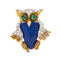 DAVID WEBB, DIAMOND, LAPIS LAZULI AND EMERALD OWL BROOCH