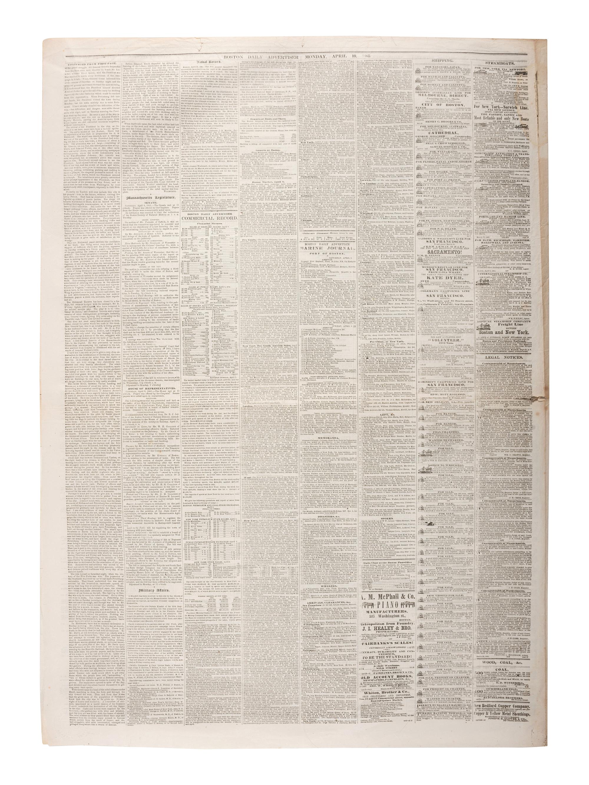 [CIVIL WAR - APPOMATTOX COURT HOUSE]. Boston Daily Advertiser. Vol. 105, No. 85. Boston, MA: Charles Hale & Co., 10 April 1865.